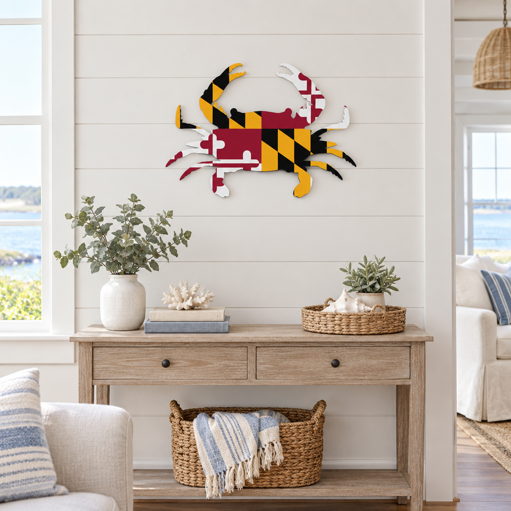 Maryland flag crab wall art in a coastal living room