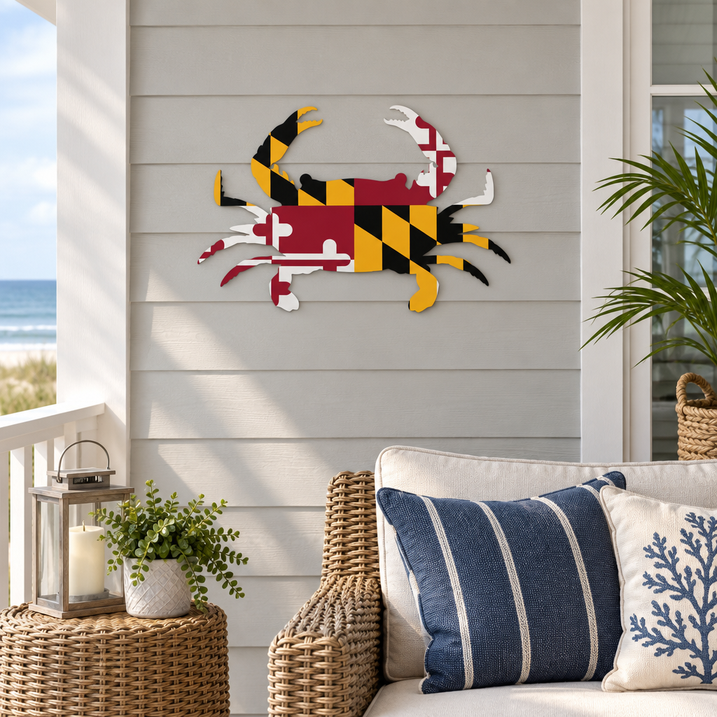 Maryland flag crab wall art on a covered porch