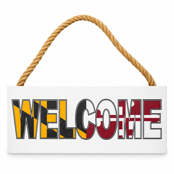 Maryland flag WELCOME 6 by 13 inch rectangular hanging sign with nautical rope — white