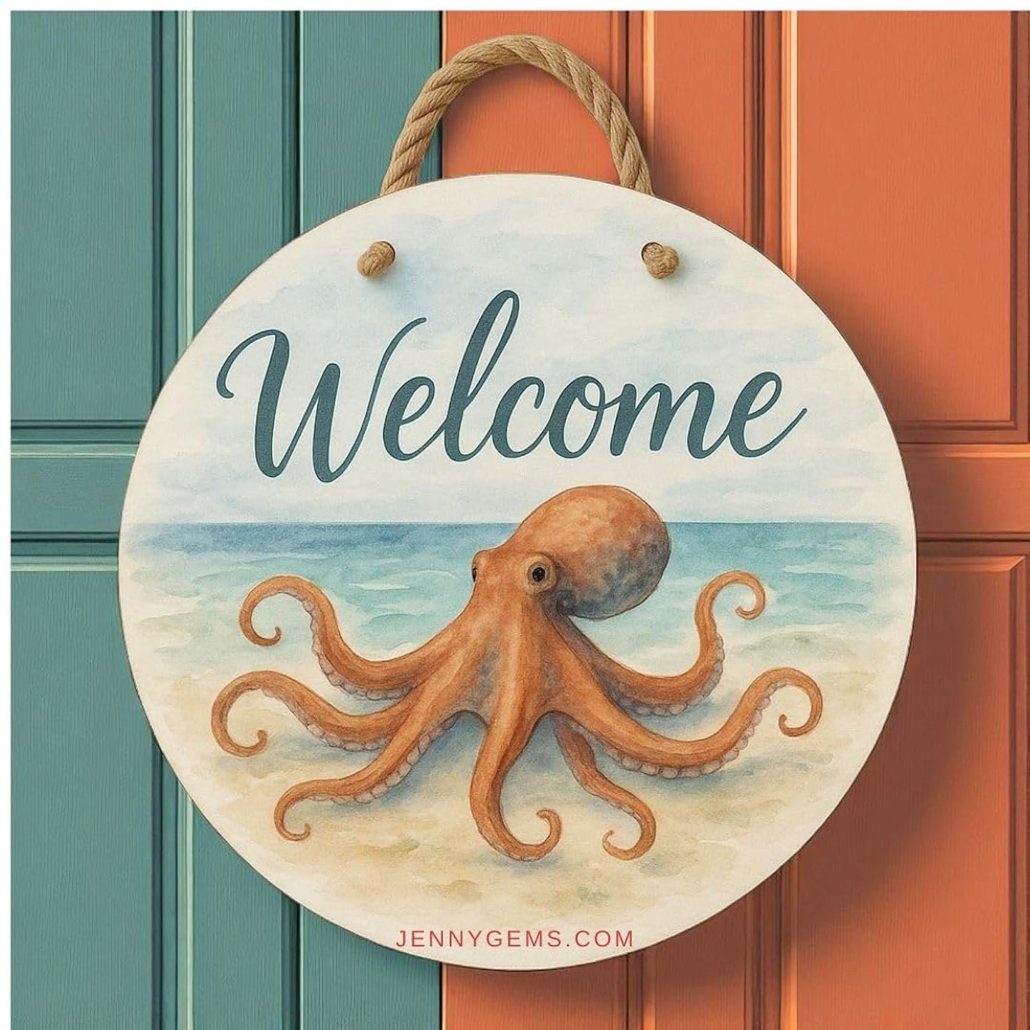 Octopus Front Door Welcome Sign, Nautical Beach Wreath Wall Hanging, Waterproof PVC Outdoor Decor, Coastal Porch Decoration, 16" Round