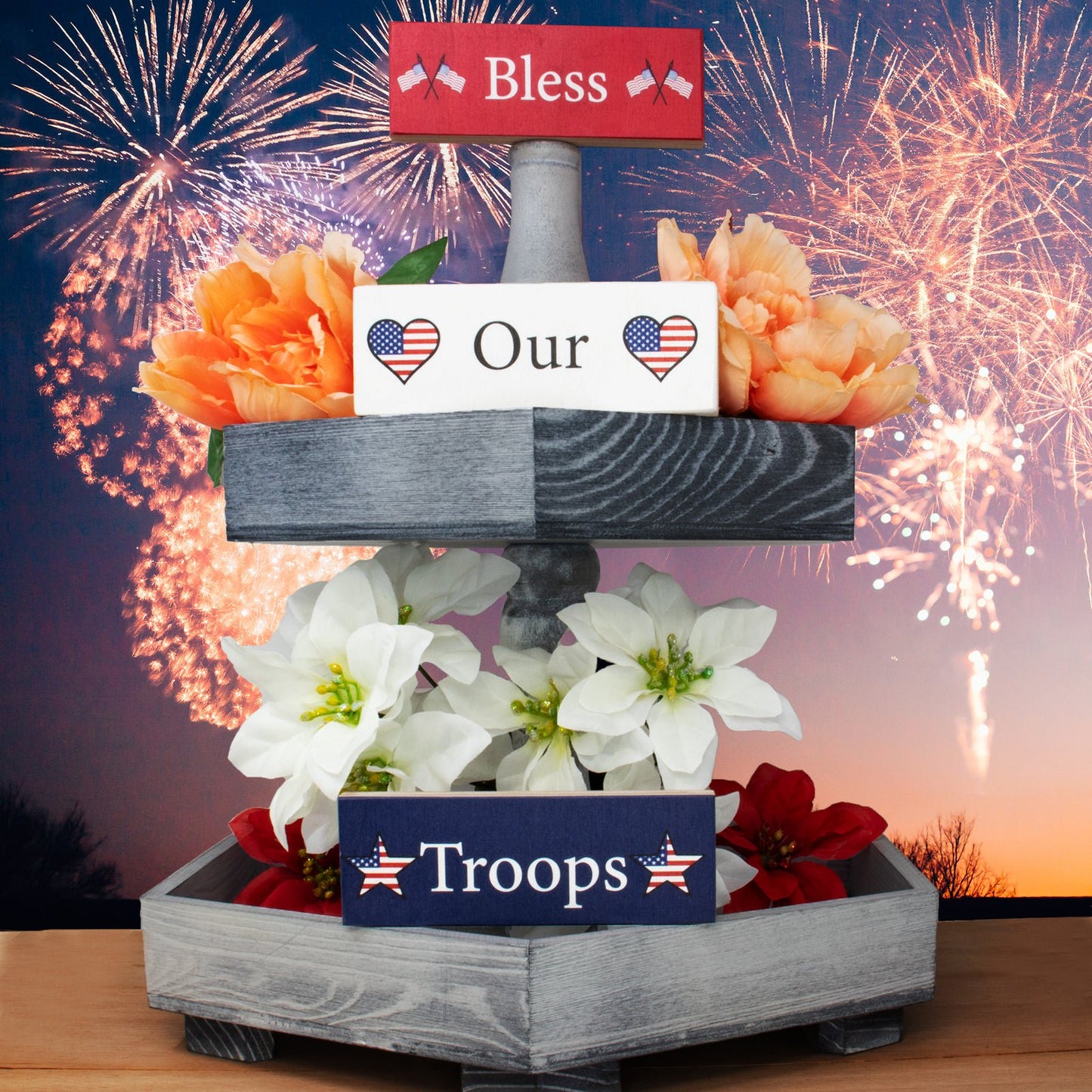 JennyGems Bless Our Troops 3pc Wooden Block Signs, Patriotic Decor