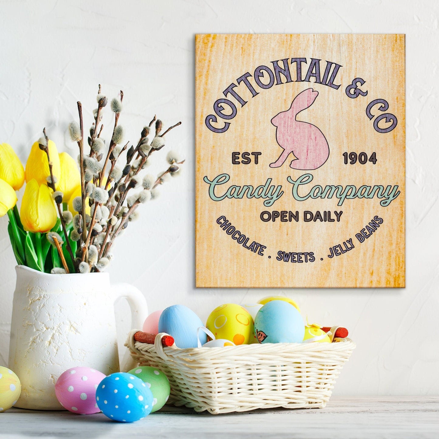 Cottontail Candy Company Easter Sign: Farmhouse Bunny Decor