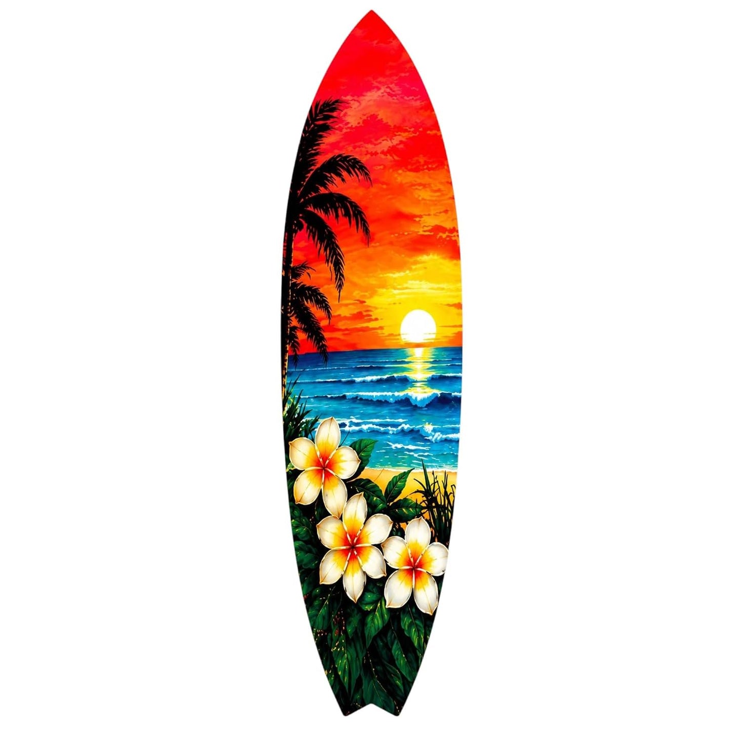 Tropical Surfboard with Palm Trees and Plumeria Flowers
