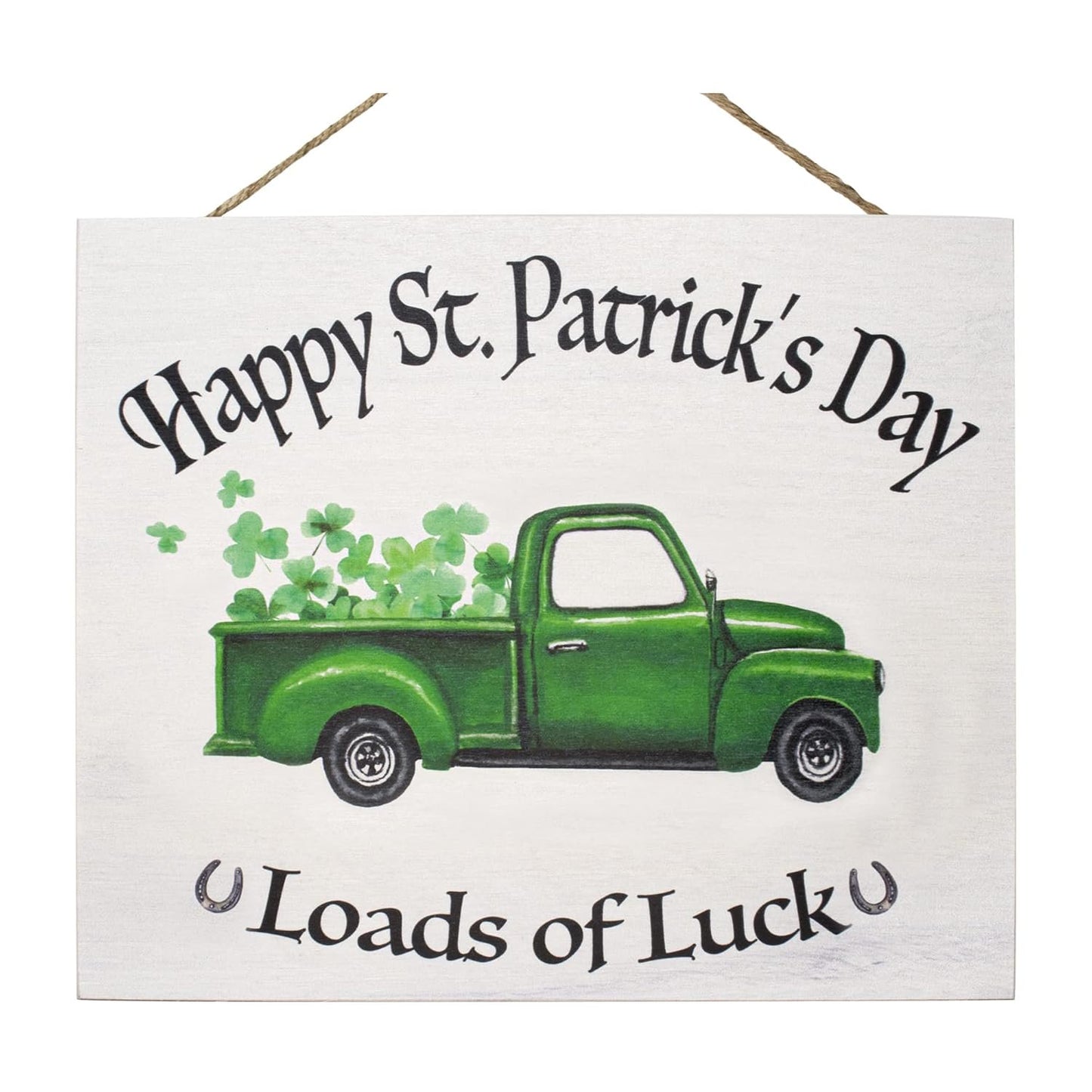 JennyGems St Patricks Day Decorations Front Door Decor, Shamrocks Truck Happy St Patrick's Day Hanging Wood Sign, Made in USA