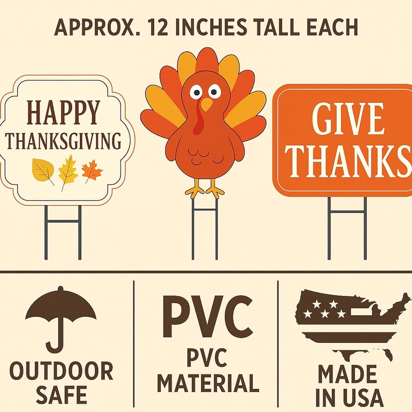 Thanksgiving Yard Signs Set of 3, Outdoor Waterproof PVC Fall Decor with Stakes, Give Thanks, Lawn Decorations