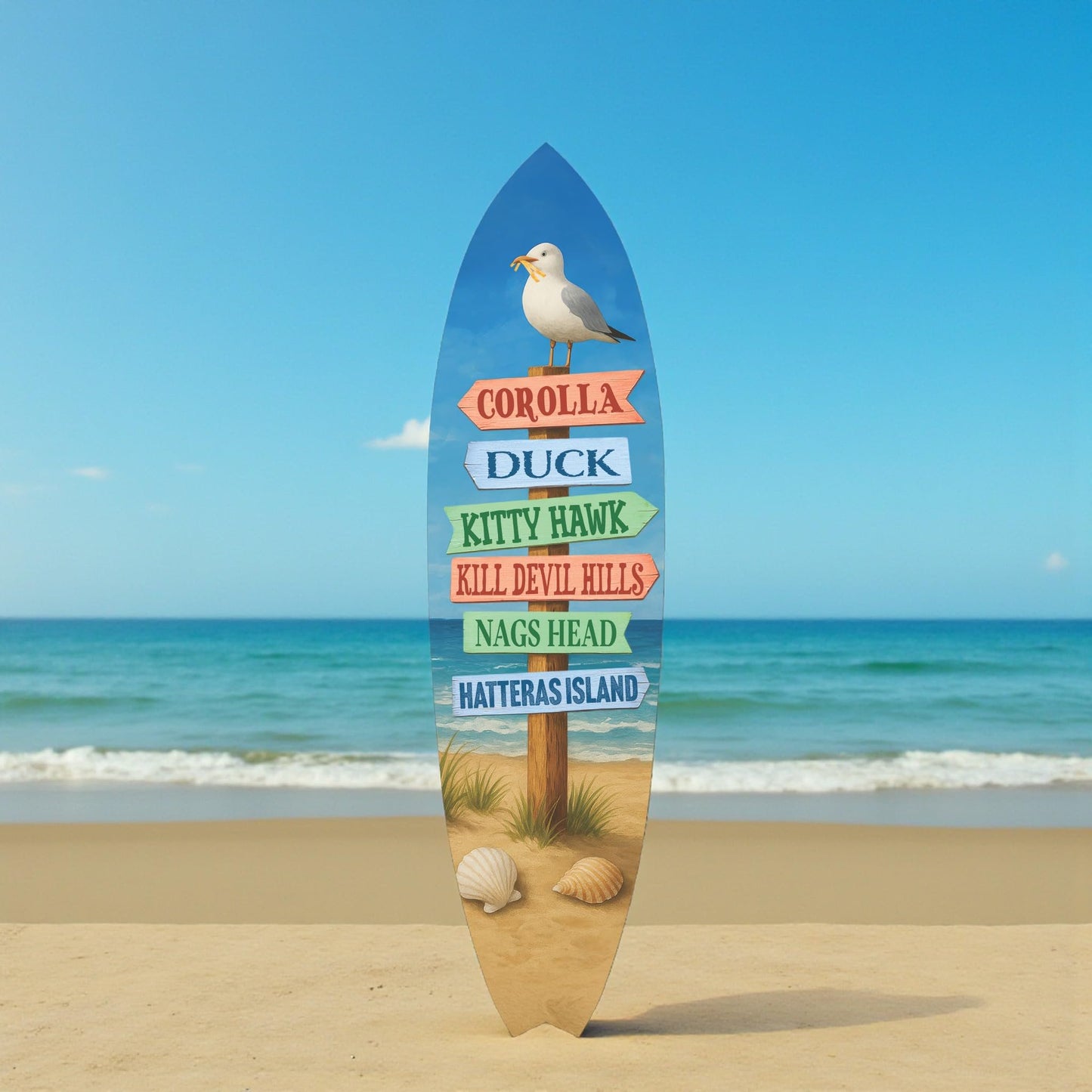 Outer Banks Surfboard Wall Art, Directional Beach Towns Sign with Seagull, Weather-Resistant PVC Coastal Decor (4 Foot)