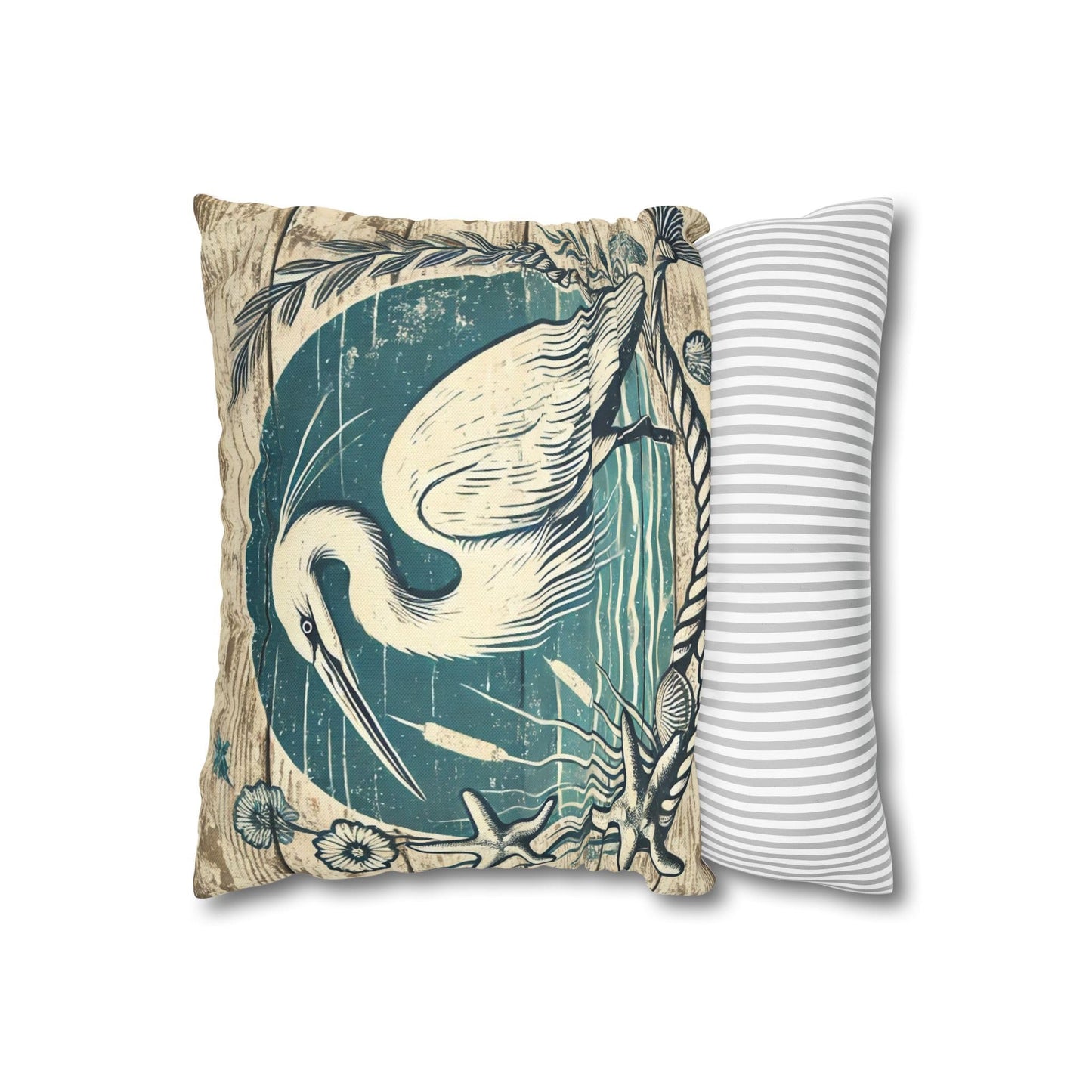 Egret Heron Bird Pillow Cover Decor, Coastal Farmhouse Egret Pillowcase 14x14, Heron Design for Throw Pillows, Beach House Accent, Covers Only - Pillows Not Included