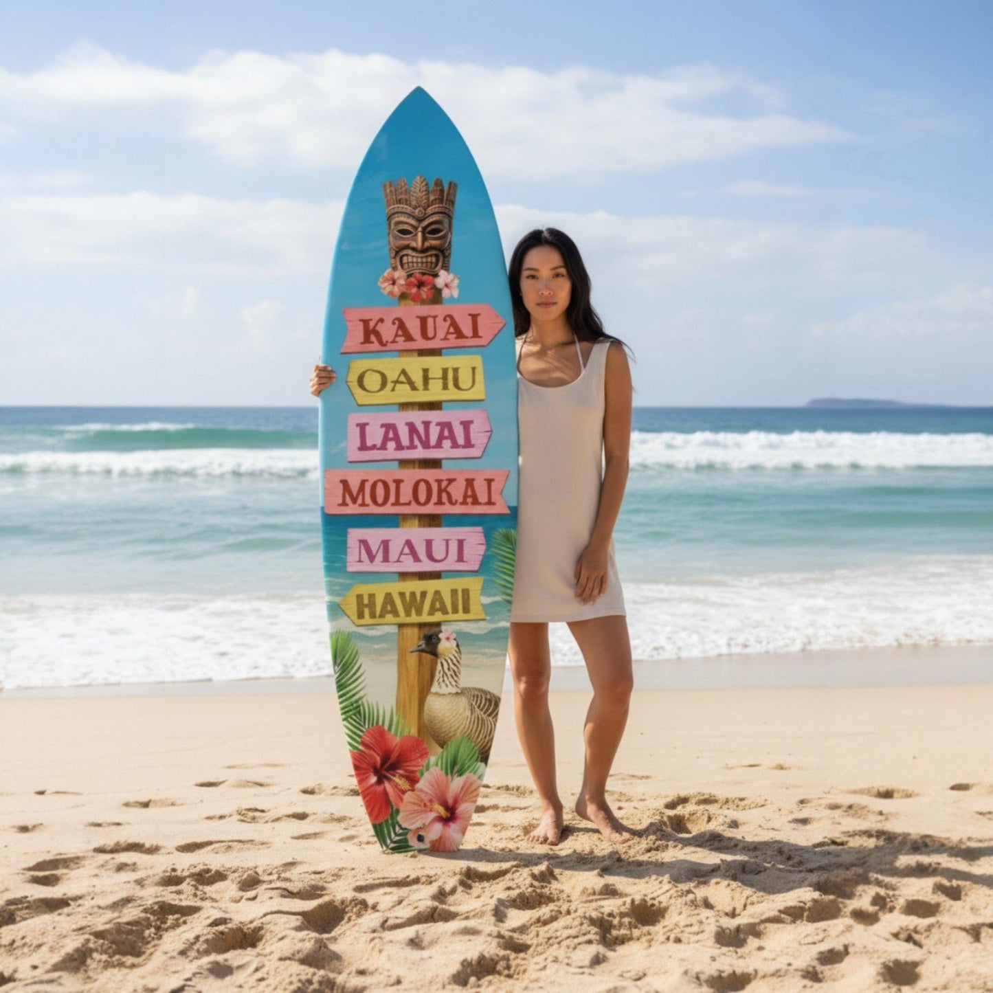 Hawaii Surfboard Sign, PVC Island Wall Art, Tropical Beach House Decoration, 5ft