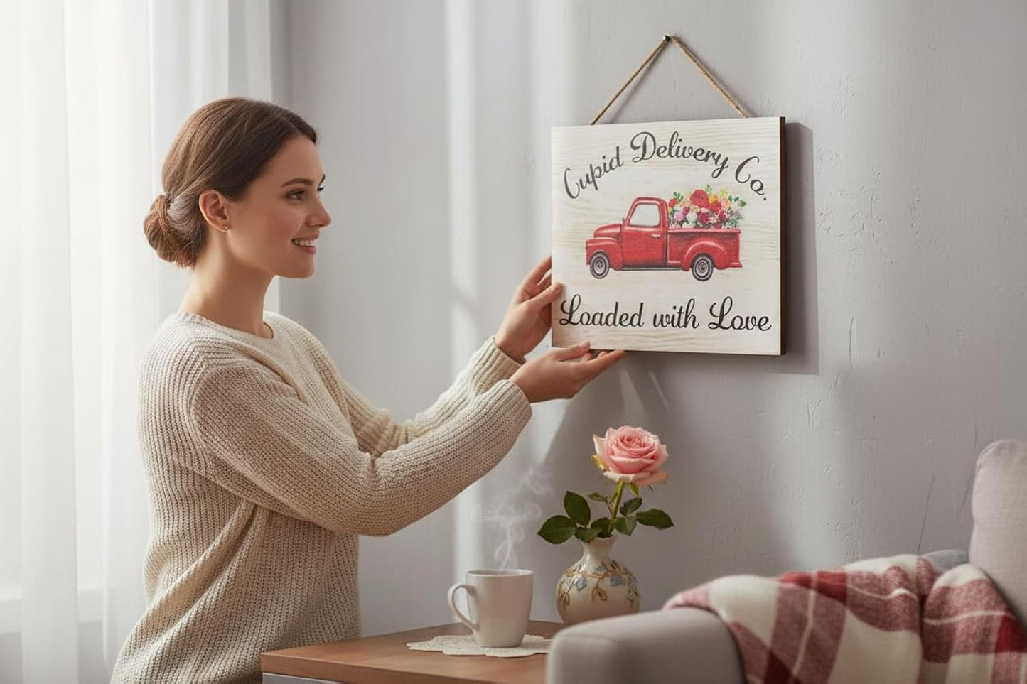 Valentine’s Day Decor – Cupid Delivery Co Loaded with Love Farmhouse Sign, Romantic Valentine Red Truck Decoration