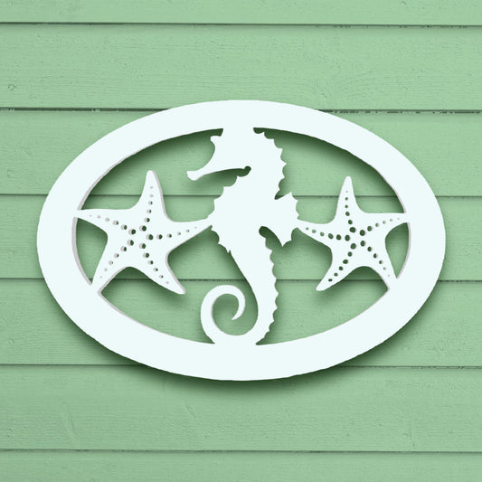 Outdoor Seahorse and Starfish Wall Art – Oval Beach House Decoration, Weatherproof PVC – Coastal Decor for Porch, Shed, Pool Area or Fence