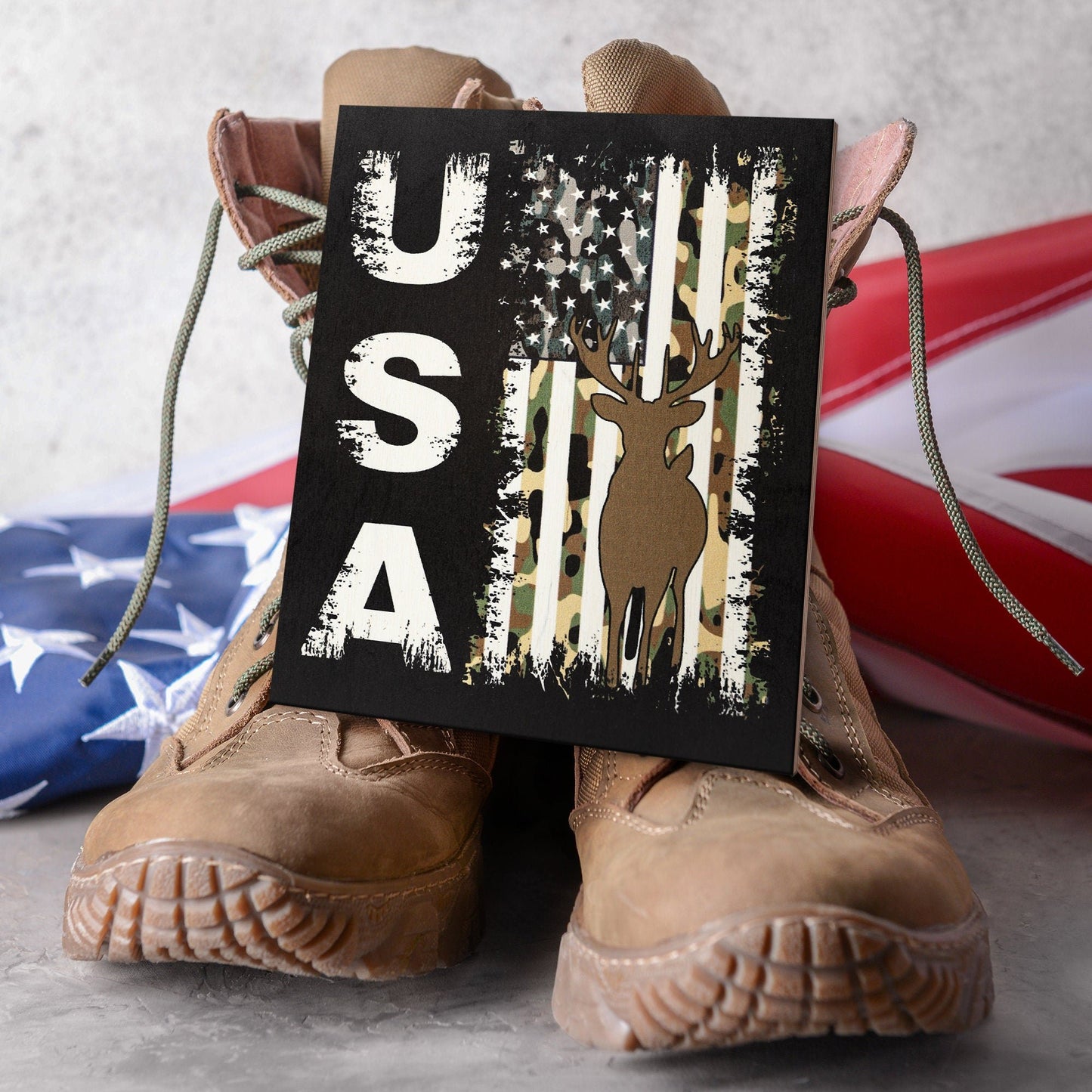 USA Camo Flag Wooden Sign: Deer Hunting Patriotic Decor