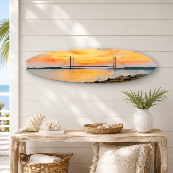 Indian River Bridge Delaware Surfboard, Decorative Water Color Art