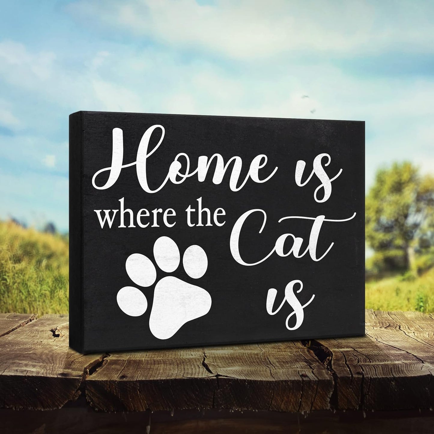 JennyGems Cat Mom Gifts, Home Is Where the Cat Is Wooden Sign, Shelf Decor and Wall Hanging, Made in USA