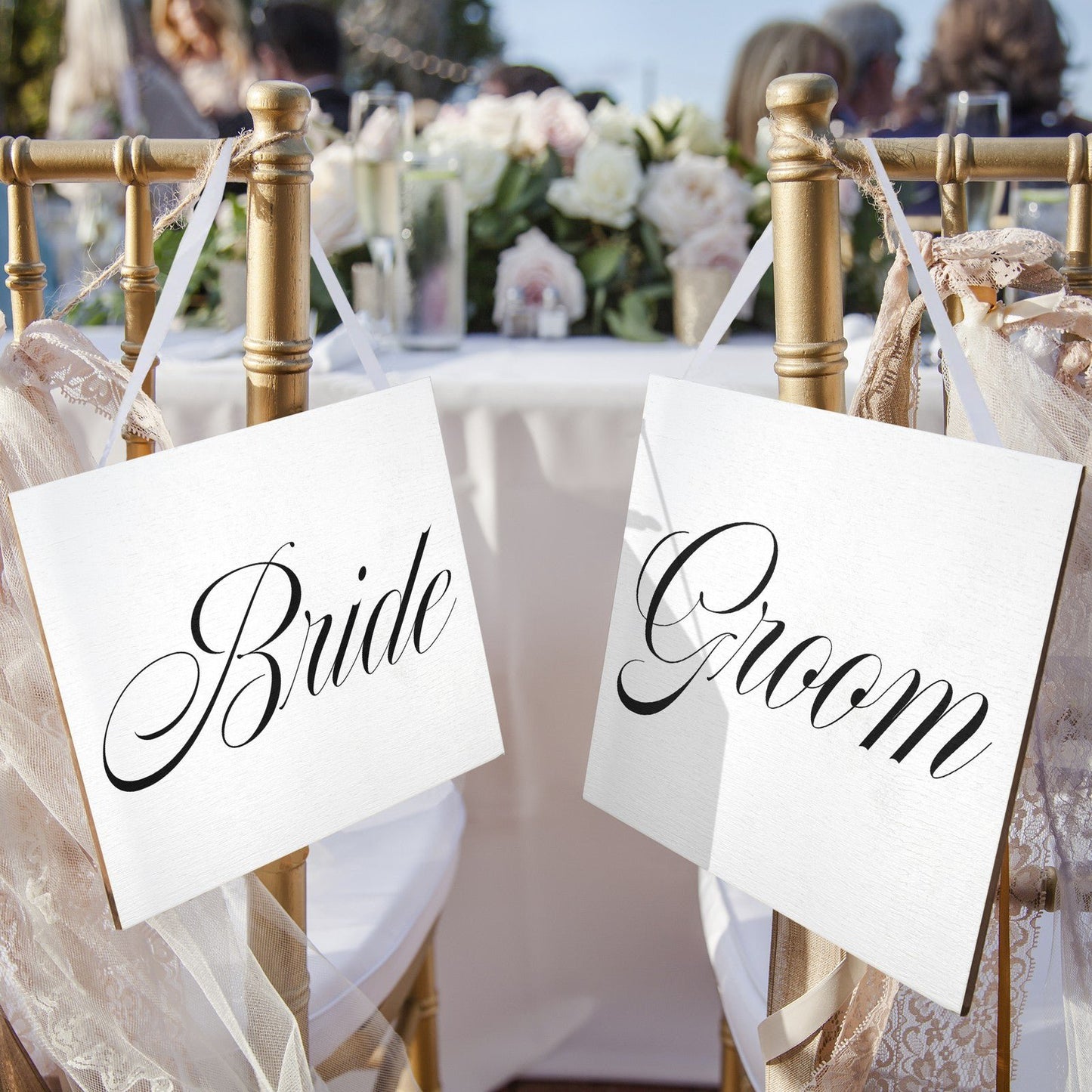 JennyGems Bride And Groom Wedding Chair Signs, Wedding Reception Decor (White)