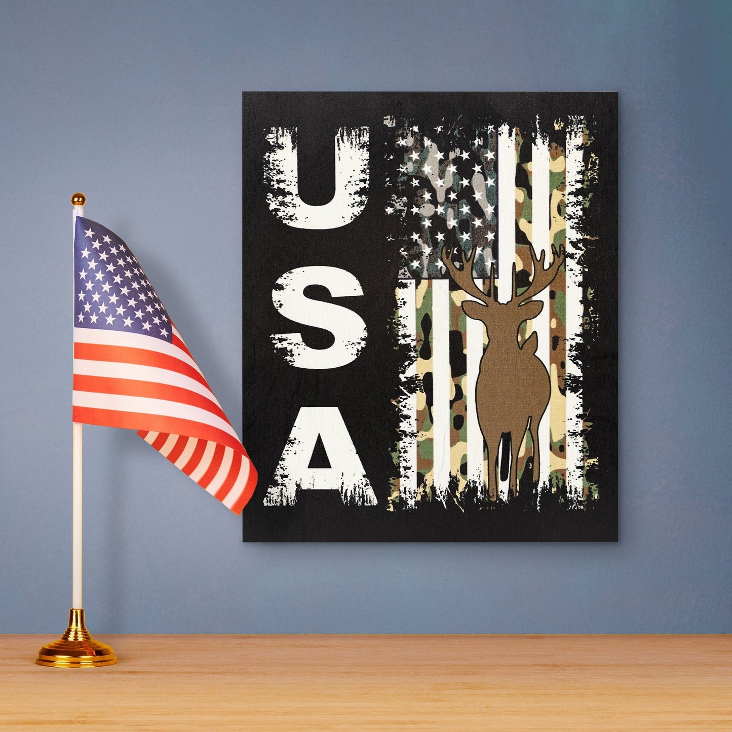 USA Camo Flag Wooden Sign: Deer Hunting Patriotic Decor