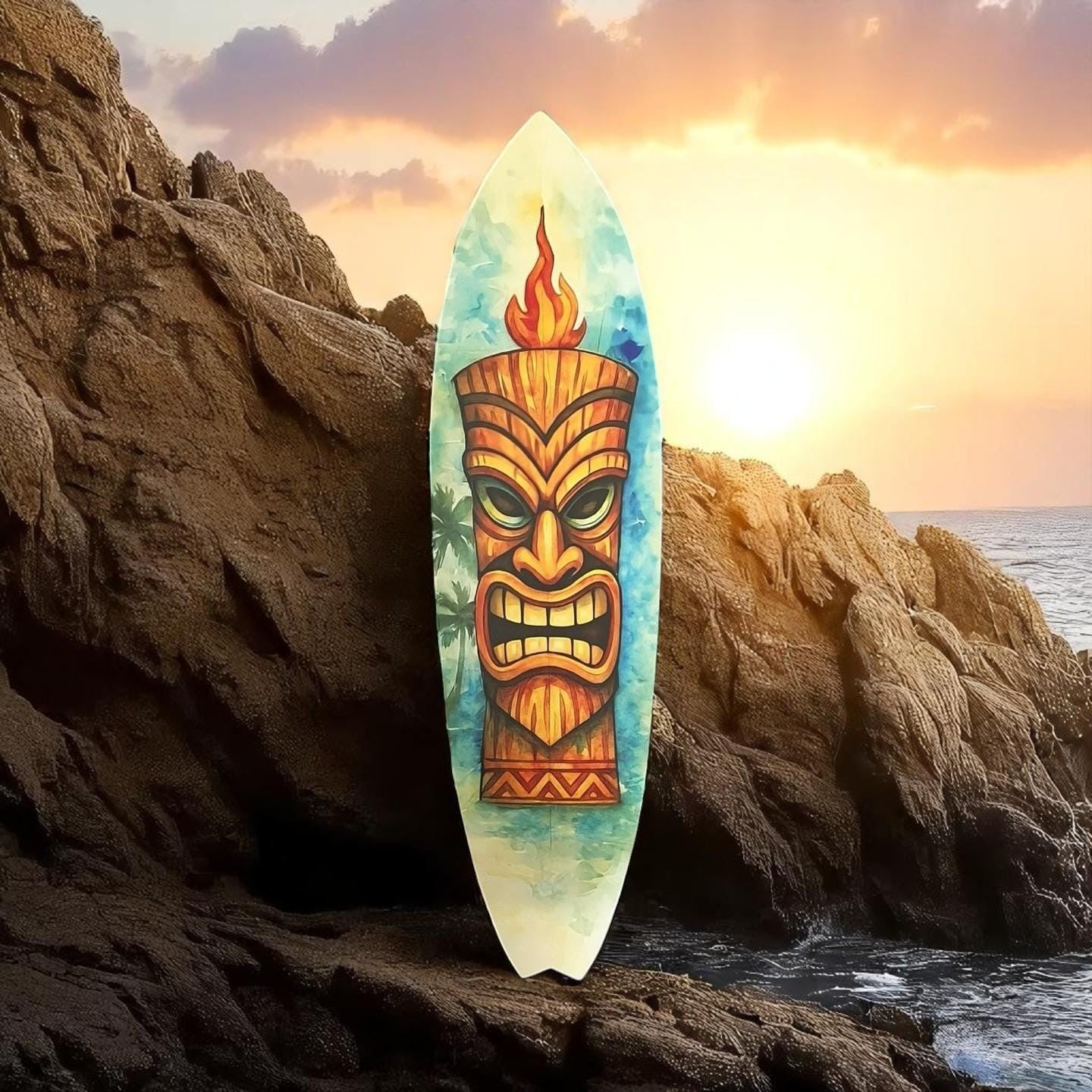 Tiki Surfboard Wall Art – Tropical PVC Decor, Outdoor Tiki Sign, 3 - 5 Feet