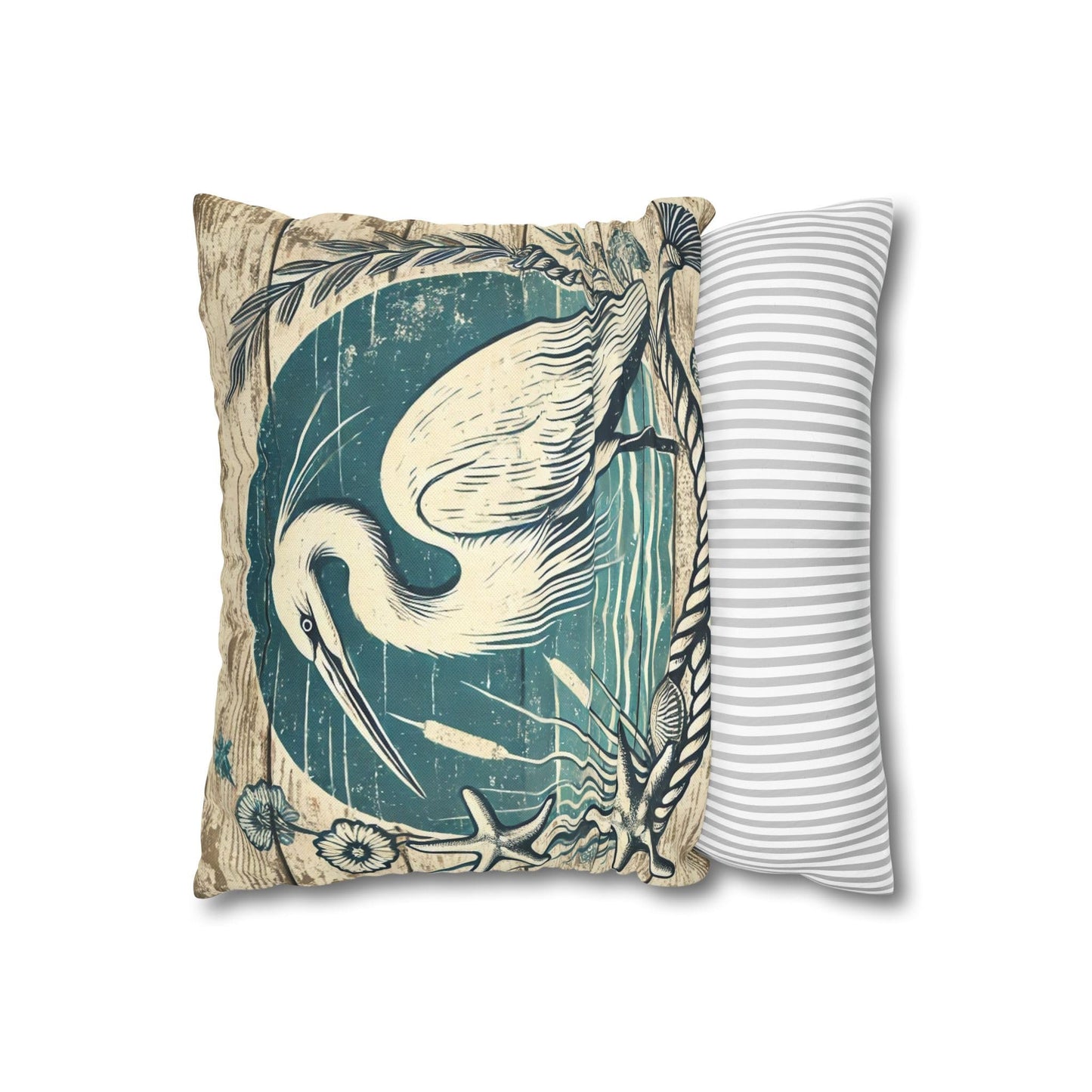 Egret Heron Bird Pillow Cover Decor, Coastal Farmhouse Egret Pillowcase 14x14, Heron Design for Throw Pillows, Beach House Accent, Covers Only - Pillows Not Included