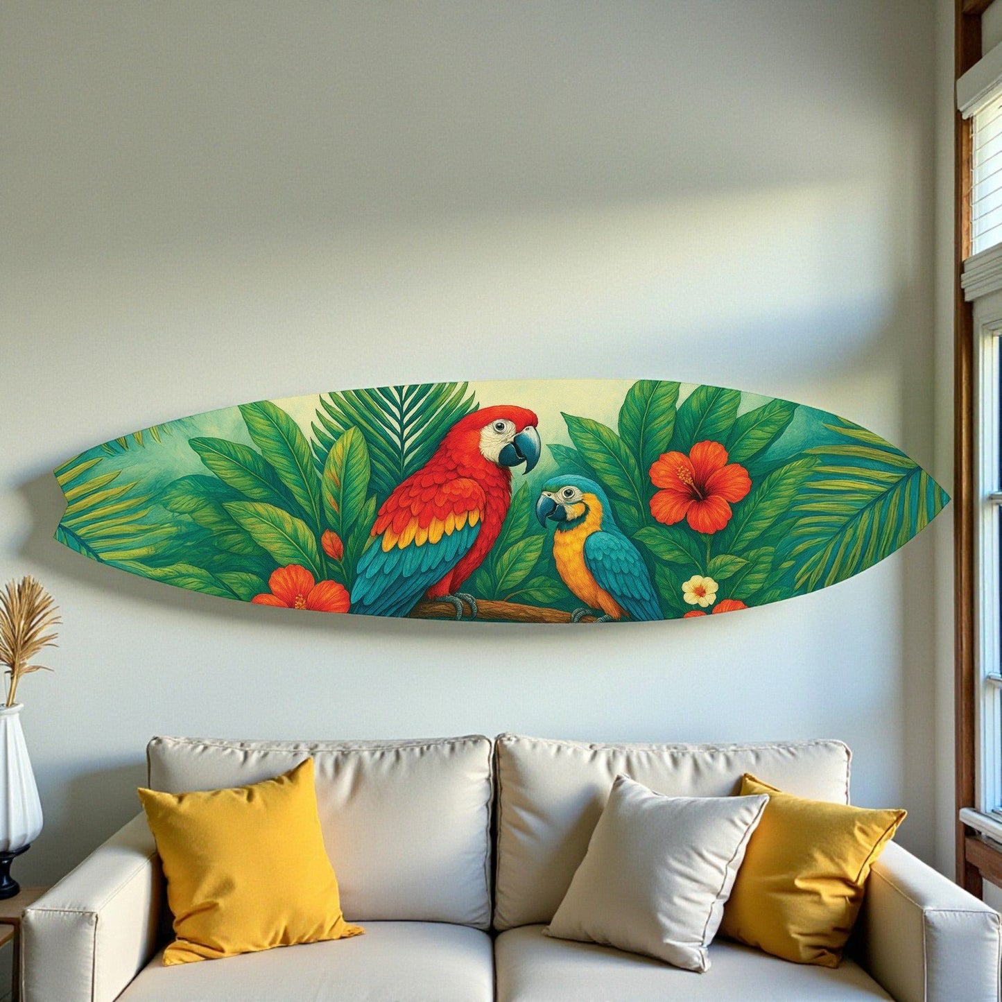 Tropical Parrot Surfboard Wall Art | JennyGems | Indoor & Outdoor Décor