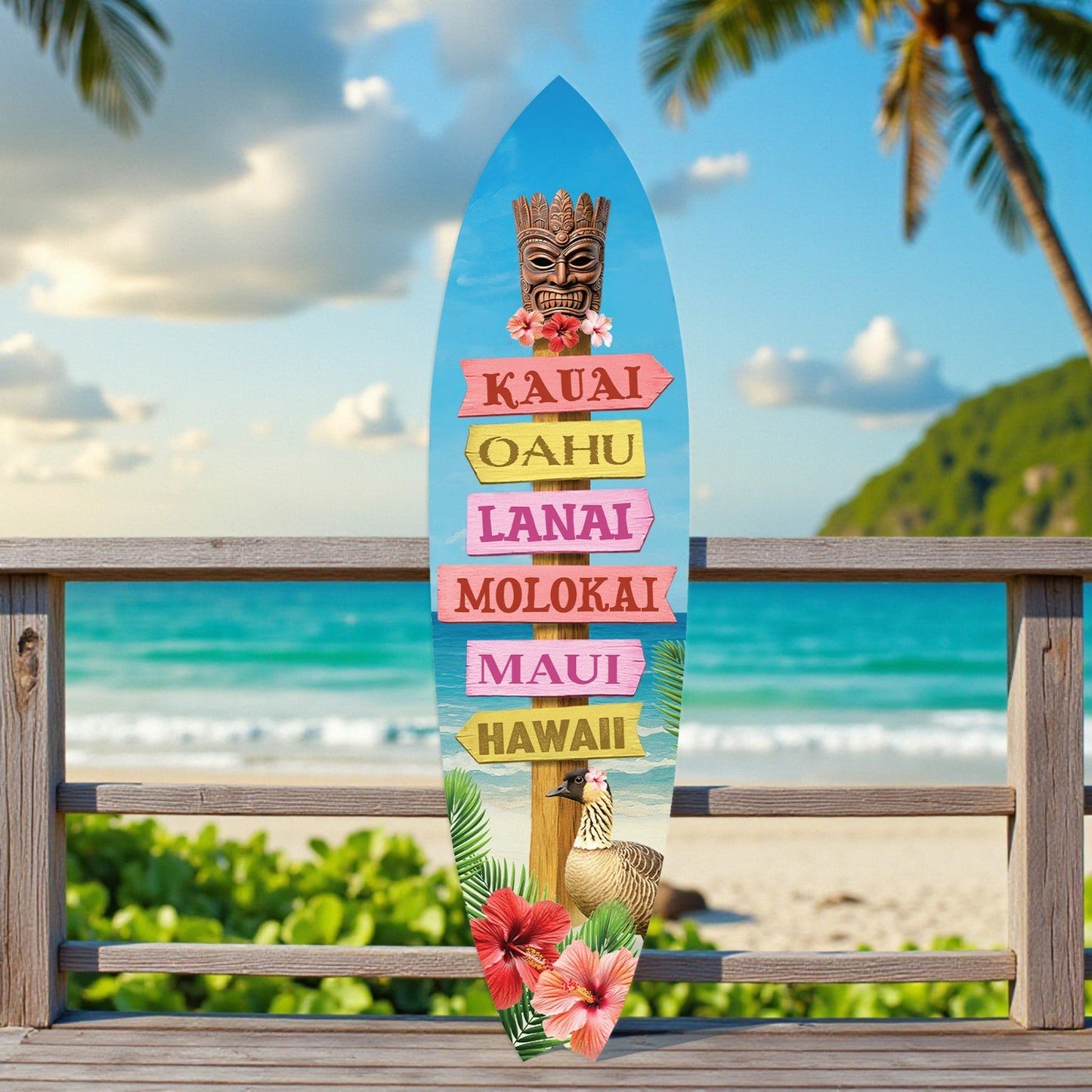 Hawaii Surfboard Sign, PVC Island Wall Art, Tropical Beach House Decoration, 5ft