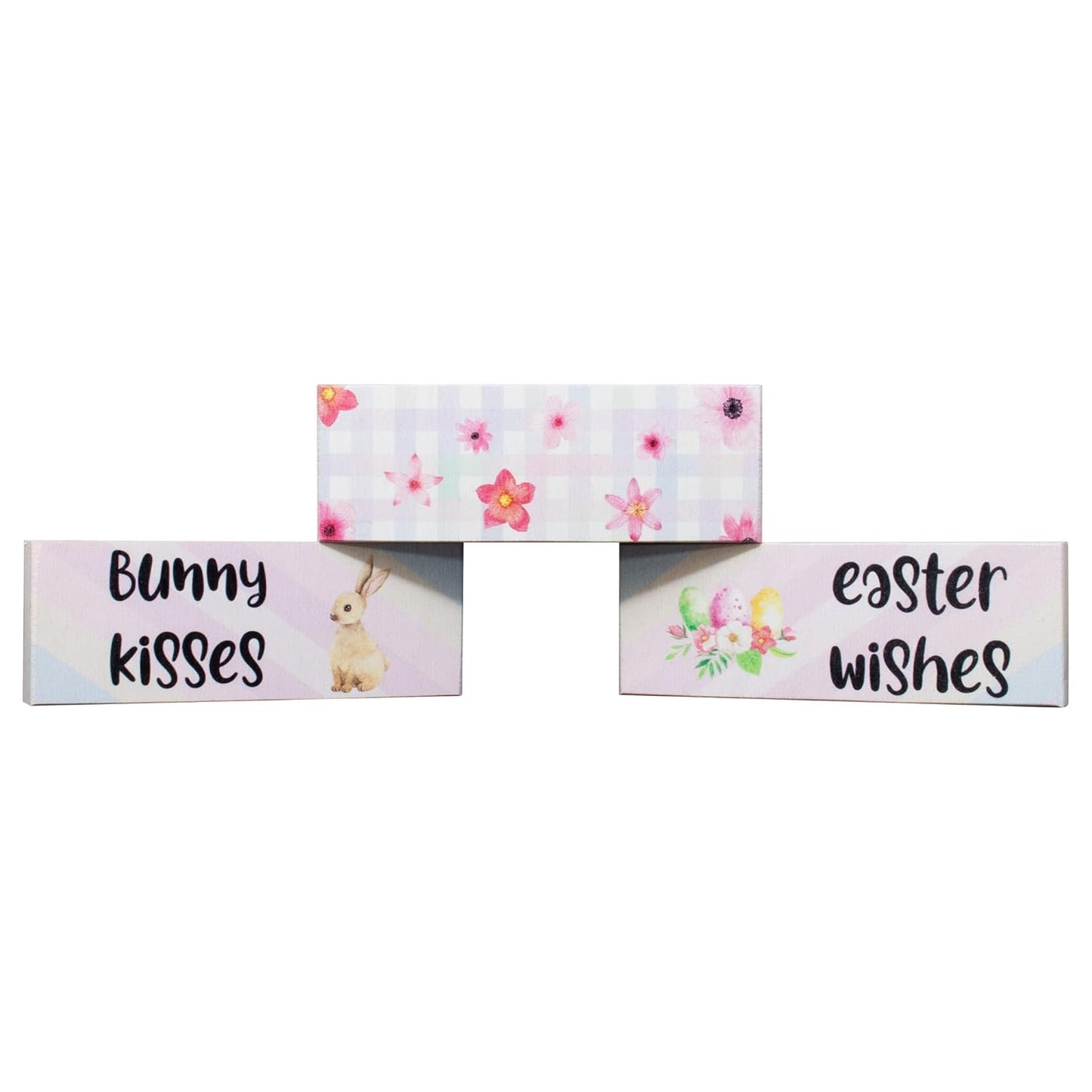 Easter Tiered Tray Decor, Bunny Kisses Easter Wishes 3 Piece Mini Wooden Block Set, Farmhouse Decorations