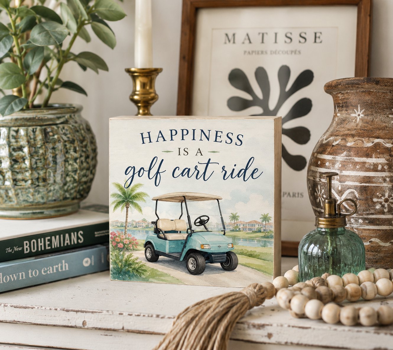 Happiness is a Golf Cart Ride - 5x5 Wood Block Sign