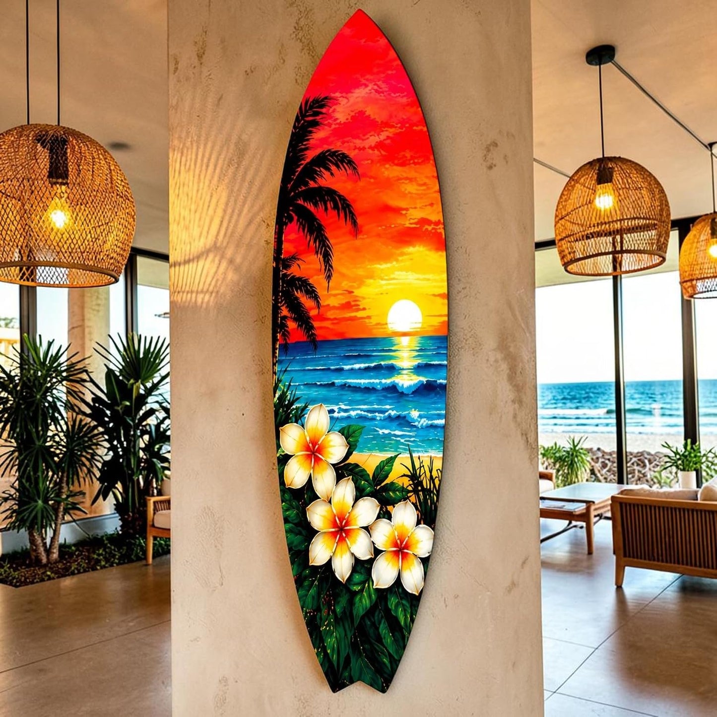 Tropical Surfboard with Palm Trees and Plumeria Flowers