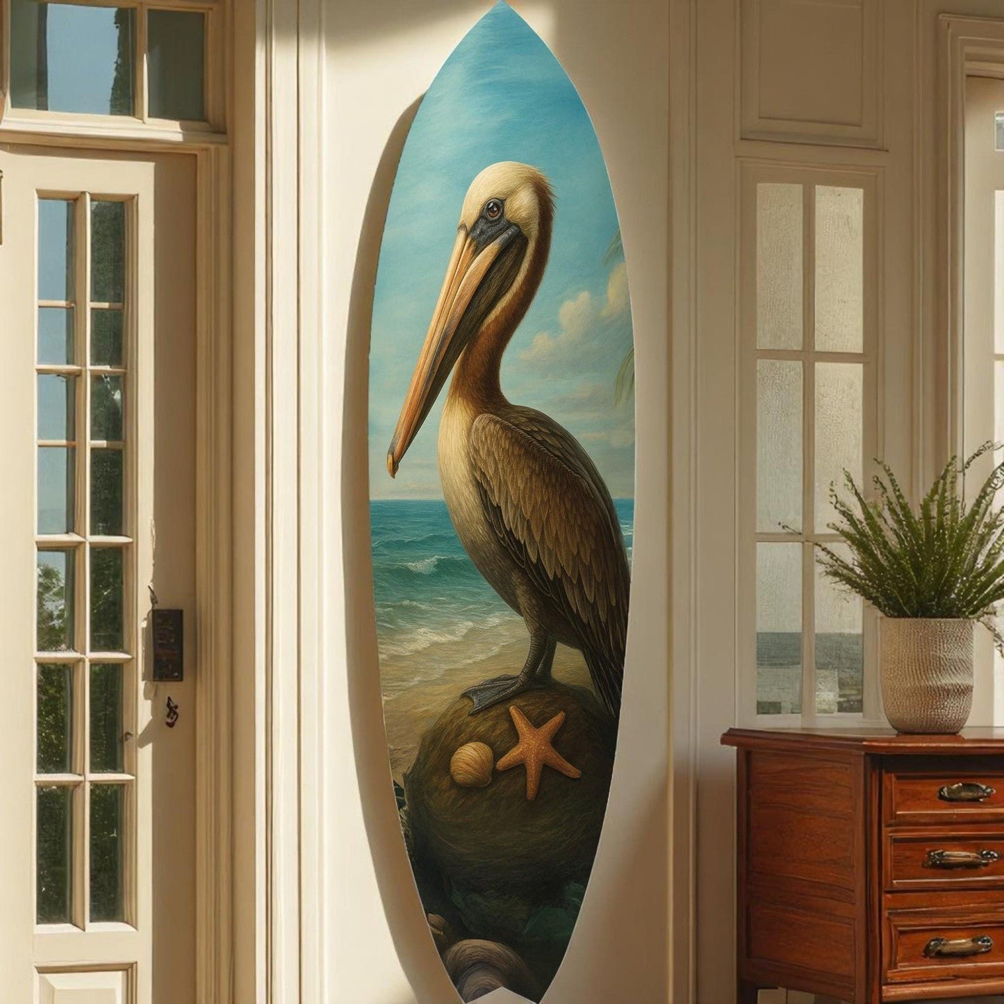 Pelican Surfboard Wall Art, Coastal Bird Decor, Surfboard Sign
