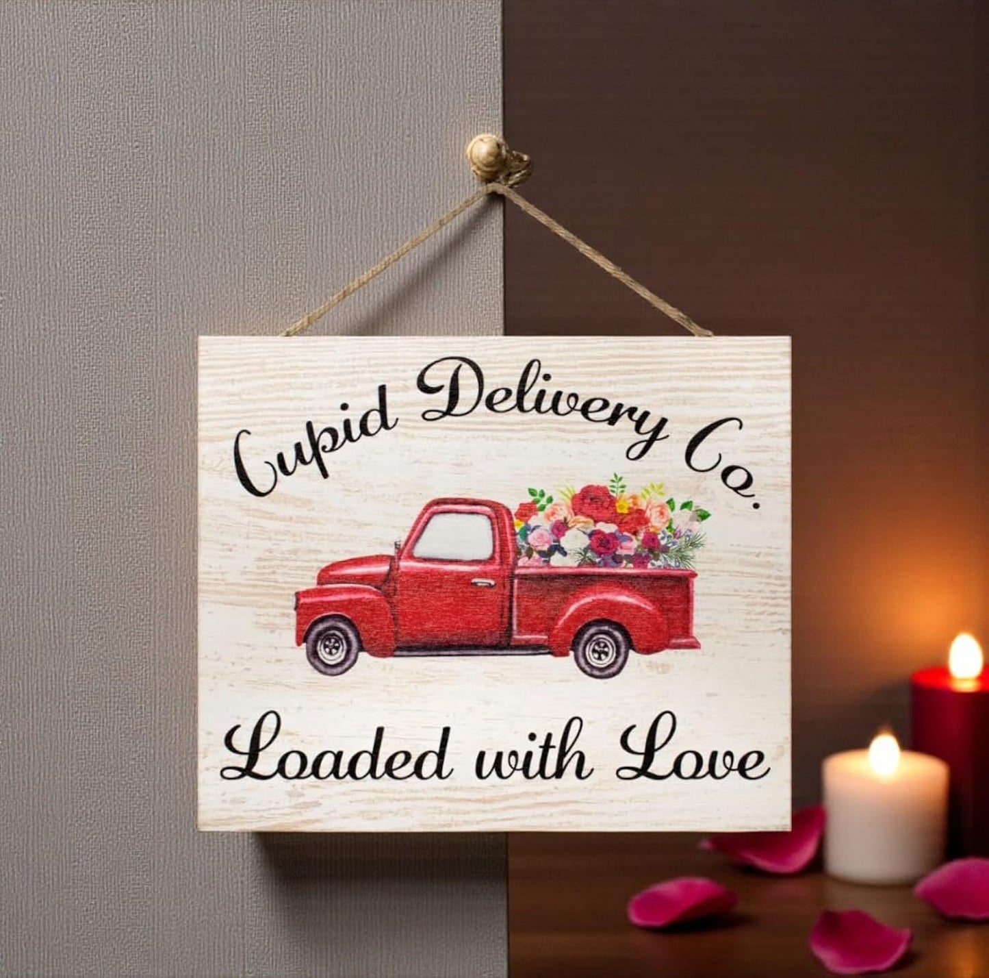 Valentine’s Day Decor – Cupid Delivery Co Loaded with Love Farmhouse Sign, Romantic Valentine Red Truck Decoration