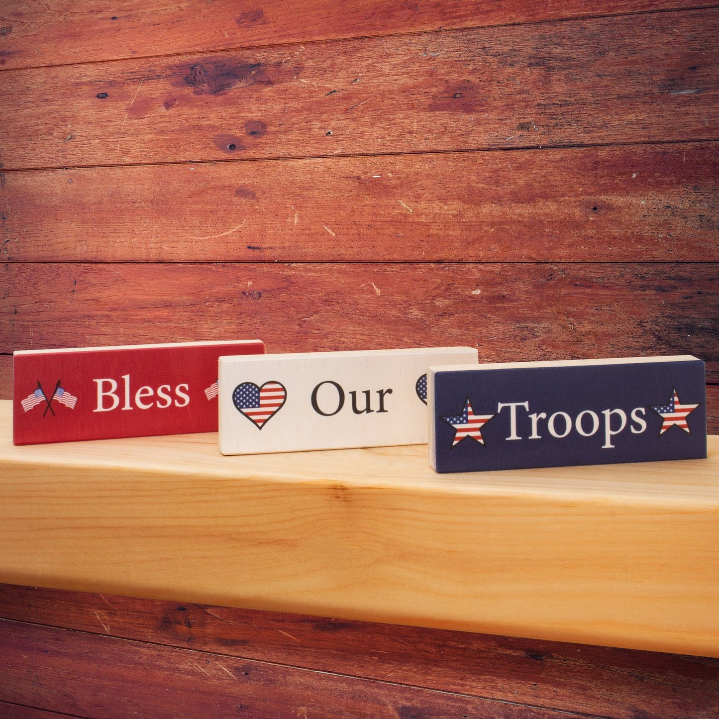JennyGems Bless Our Troops 3pc Wooden Block Signs, Patriotic Decor