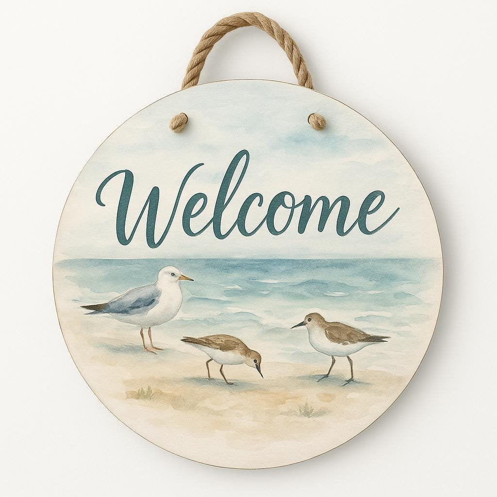 Coastal Birds Welcome Sign: 16" Nautical Beach House Decor