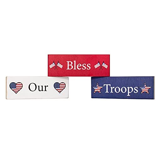 JennyGems Bless Our Troops 3pc Wooden Block Signs, Patriotic Decor