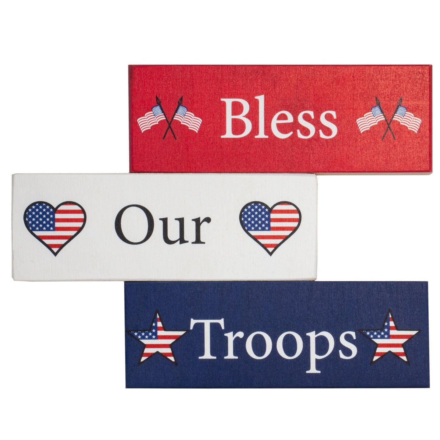 JennyGems Bless Our Troops 3pc Wooden Block Signs, Patriotic Decor