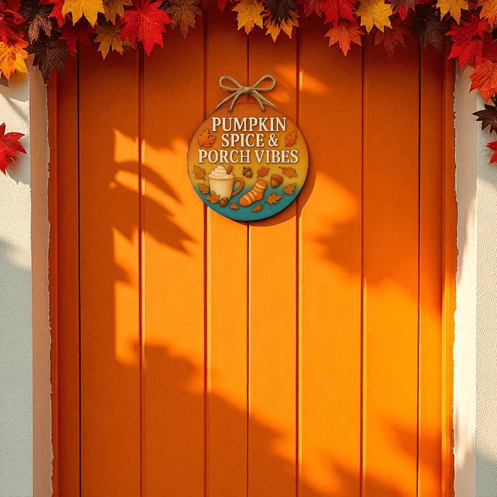 Pumpkin Spice and Porch Vibes Fall Front Door Welcome Sign, Autumn Porch Decor, Outdoor Weather-Resistant PVC Decoration, 16 Inch Round