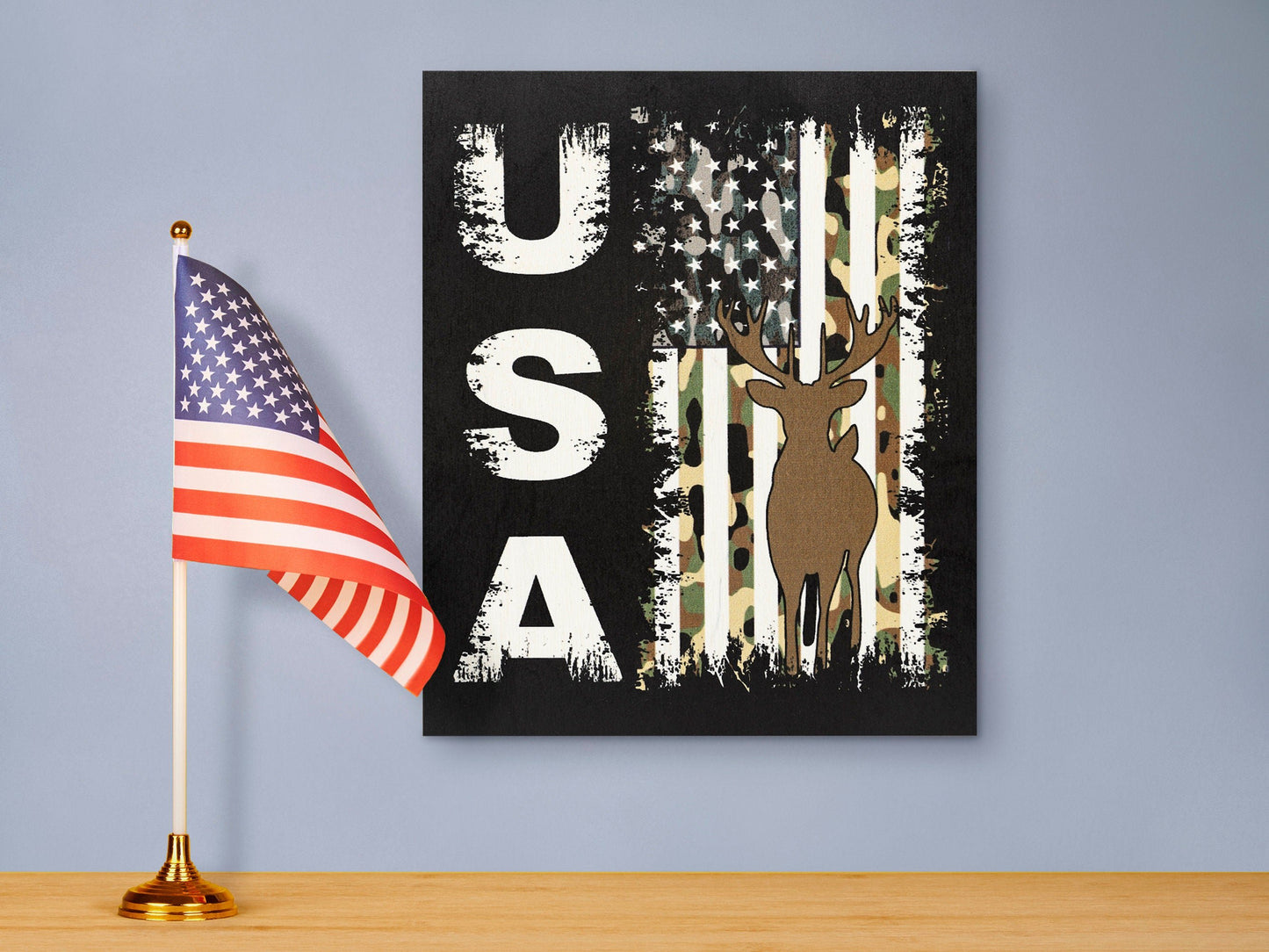 USA Camo Flag Wooden Sign: Deer Hunting Patriotic Decor