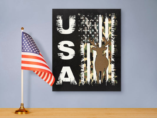USA Camo Flag Wooden Sign: Deer Hunting Patriotic Decor
