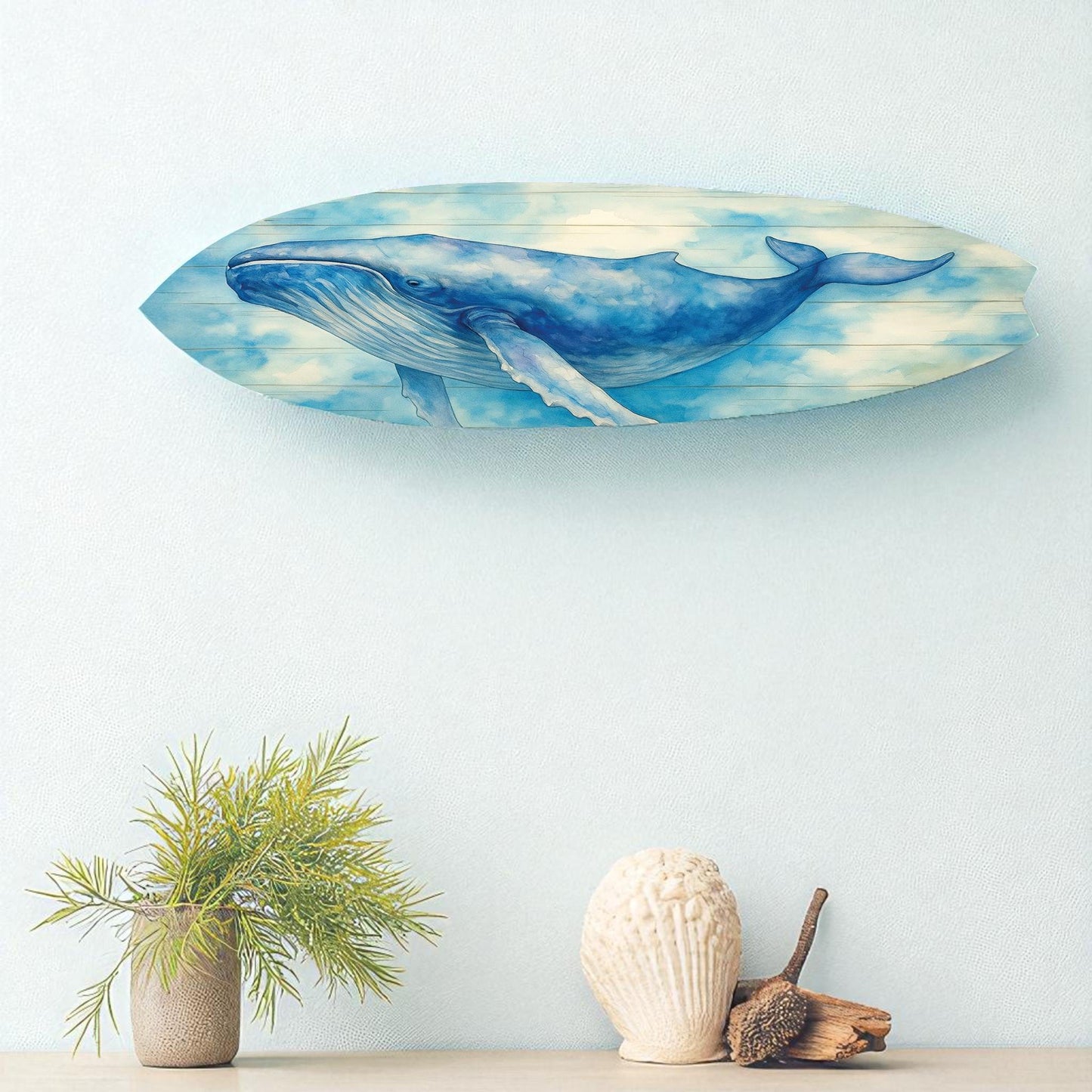 Watercolor Humpback Whale Surfboard Wall Art: Coastal Beach House Decor