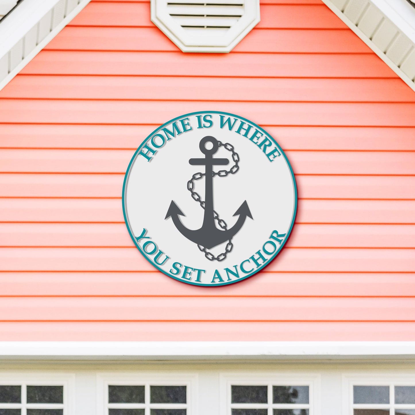 Outdoor Home Is Where You Set Anchor Beach Wall Decor – 36" Round Anchor Sign with Embossed Text and Nautical Design – PVC Coastal Wall Art for Beach House