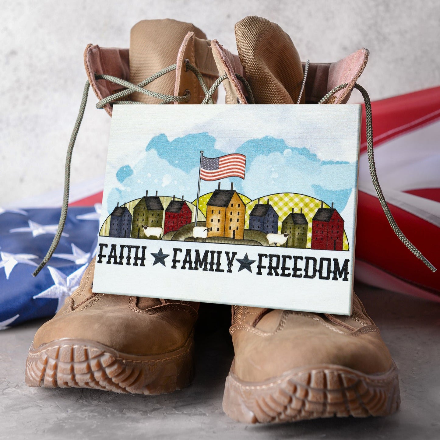 JennyGems Patriotic Decor, Faith Family Freedom Sign, 4th of July, Memorial Day