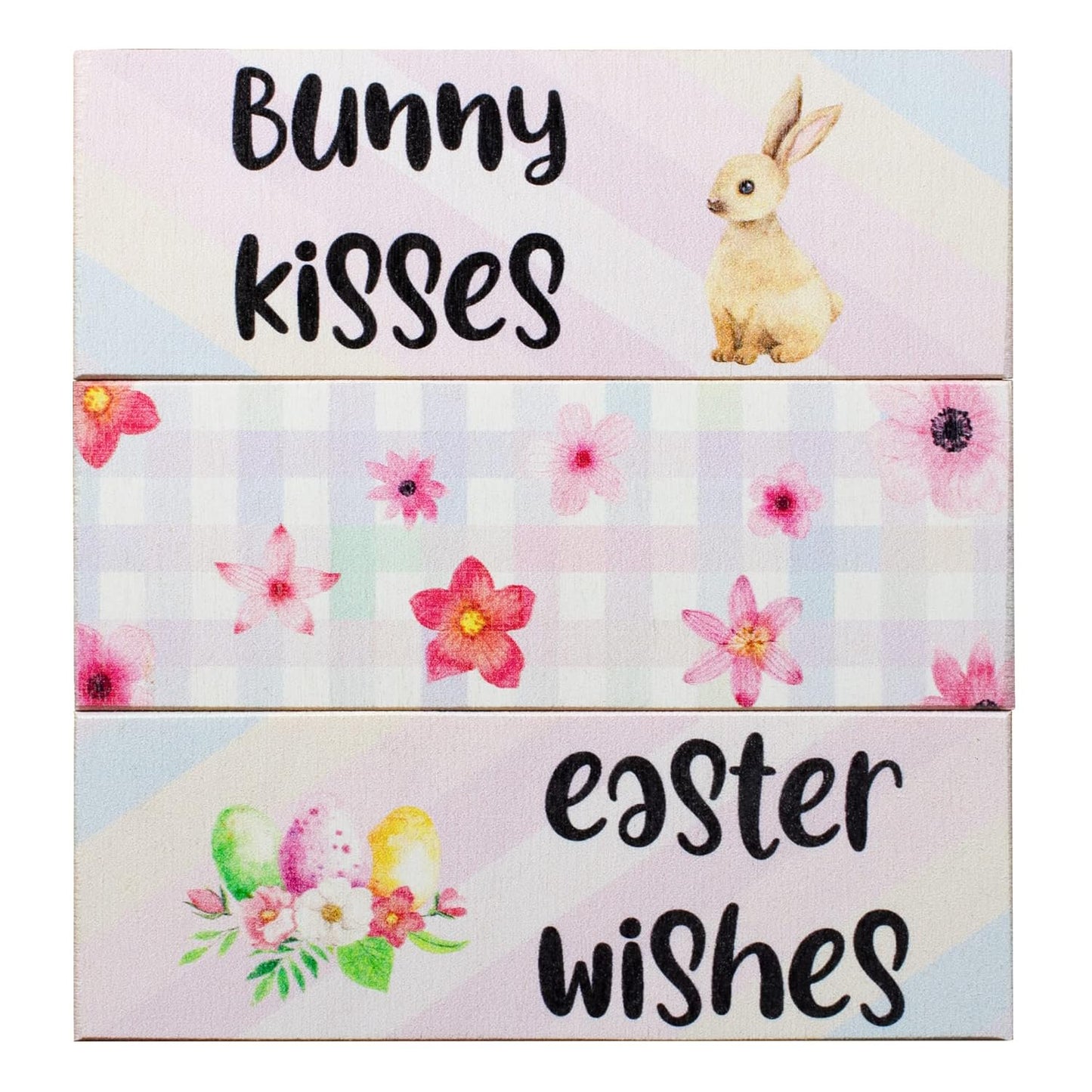 Easter Tiered Tray Decor, Bunny Kisses Easter Wishes 3 Piece Mini Wooden Block Set, Farmhouse Decorations
