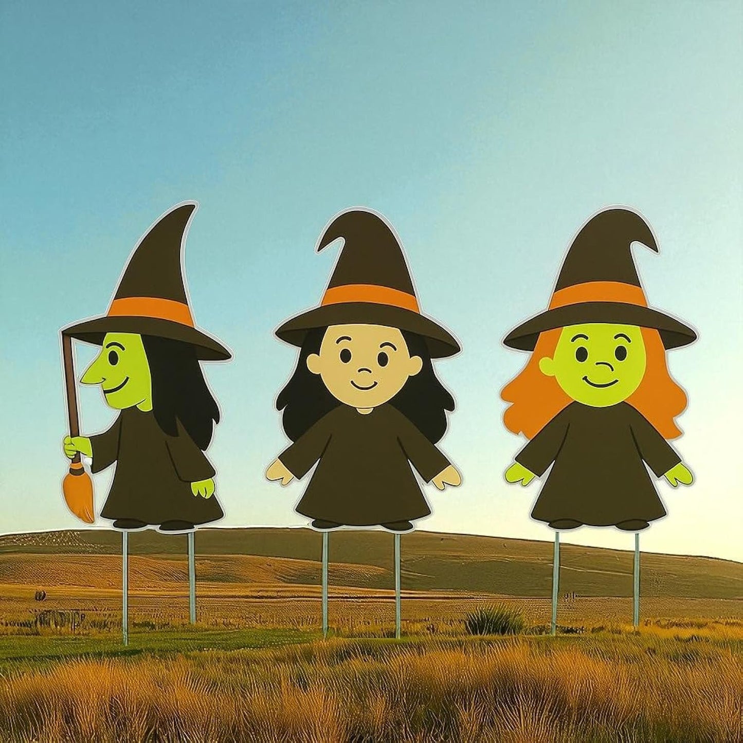 Halloween Yard Signs Set of 3, Outdoor Halloween Witch Stakes, Weatherproof PVC Decorations