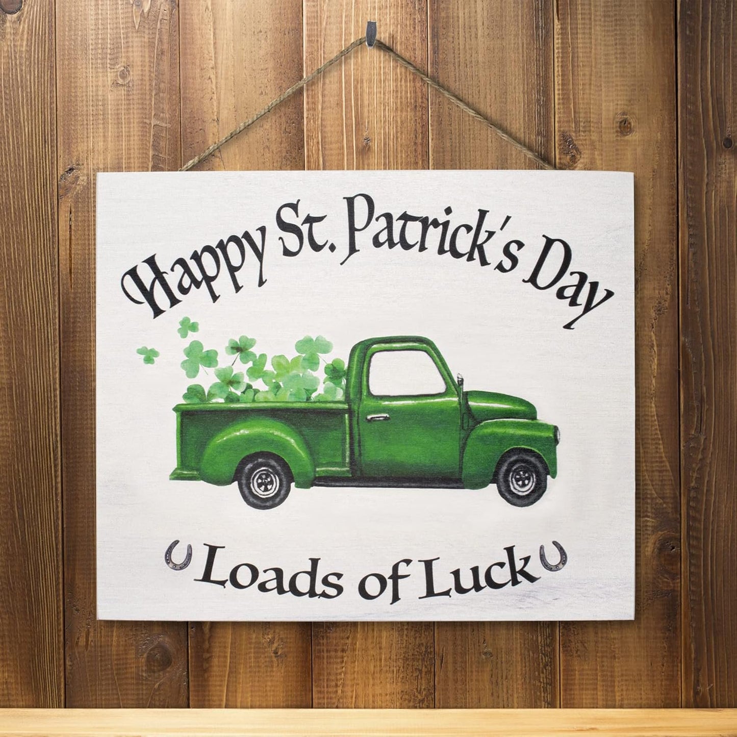 JennyGems St Patricks Day Decorations Front Door Decor, Shamrocks Truck Happy St Patrick's Day Hanging Wood Sign, Made in USA