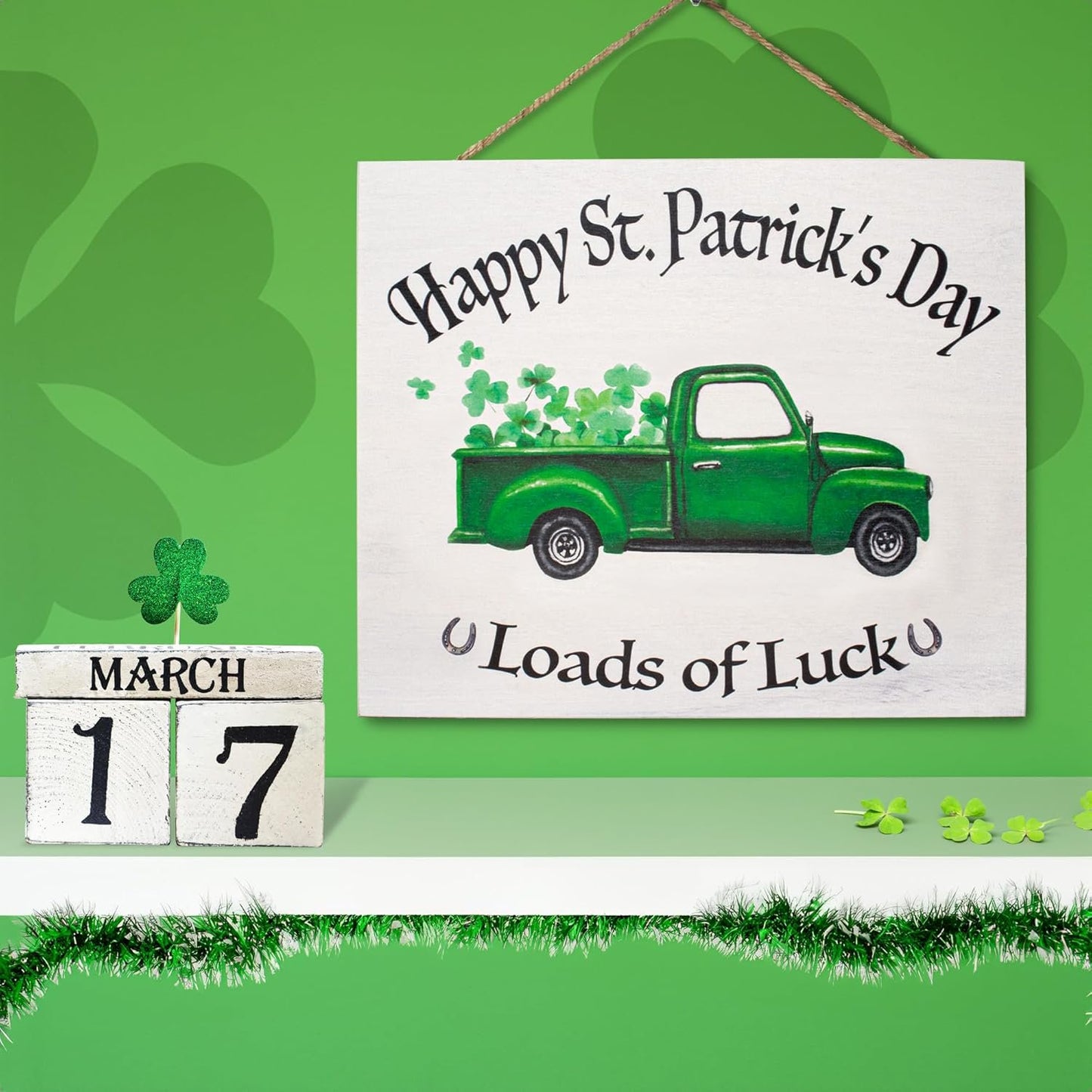 JennyGems St Patricks Day Decorations Front Door Decor, Shamrocks Truck Happy St Patrick's Day Hanging Wood Sign, Made in USA