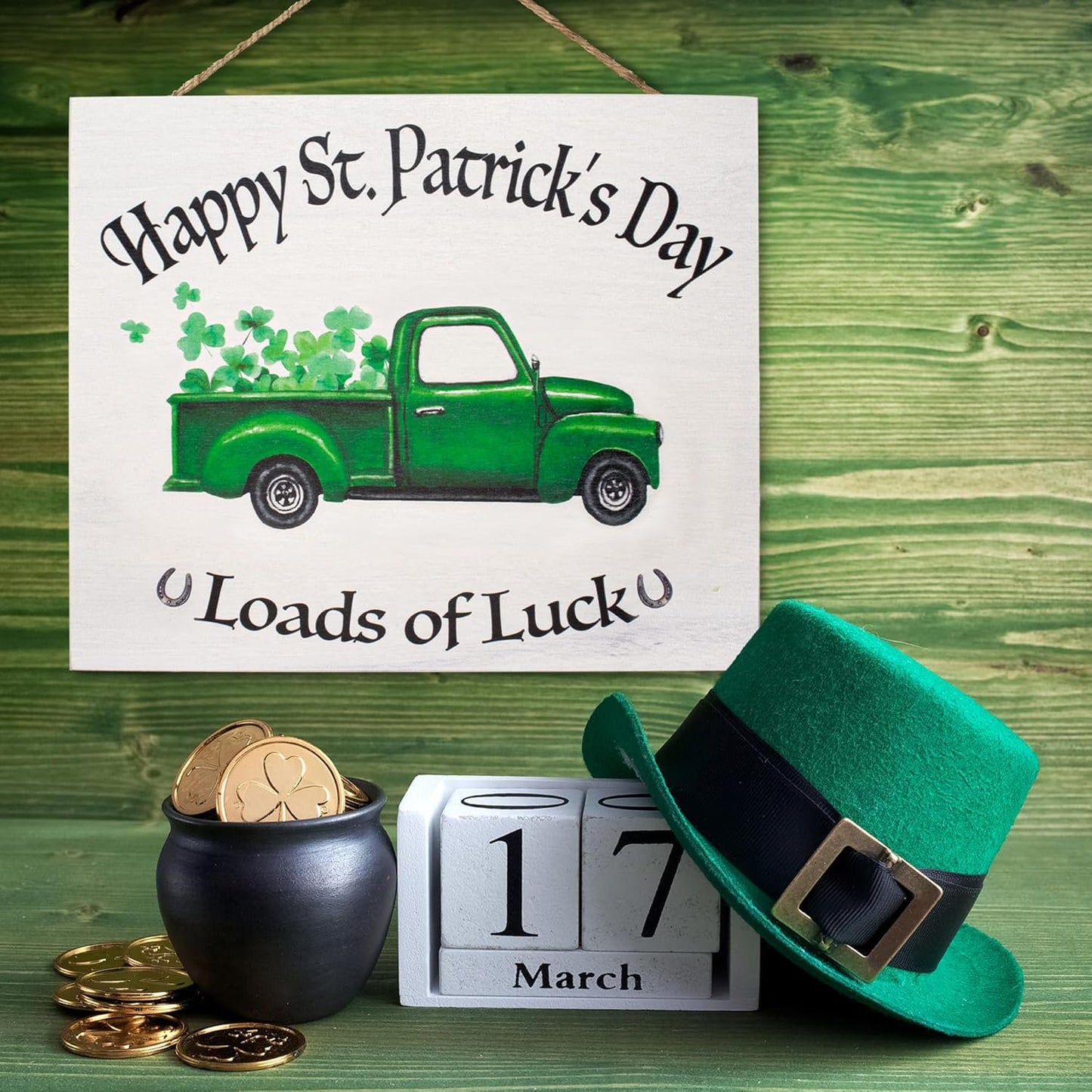 JennyGems St Patricks Day Decorations Front Door Decor, Shamrocks Truck Happy St Patrick's Day Hanging Wood Sign, Made in USA