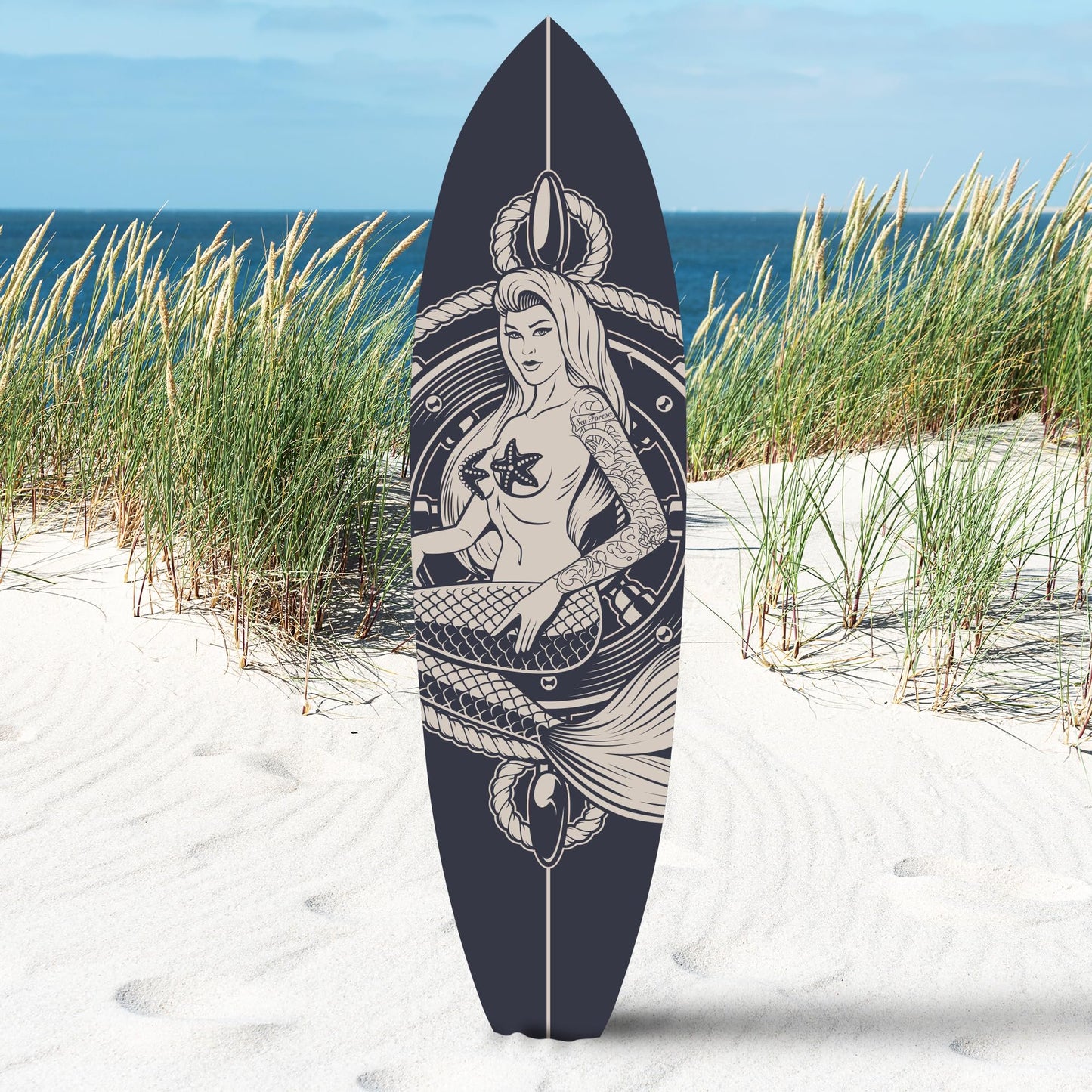 JennyGems Outdoor Mermaid Surfboard Wall Art  Weatherproof PVC  Coastal Mermaid Sign for Beach House or Pool Area  Nautical Ocean Accent, 3 Foot