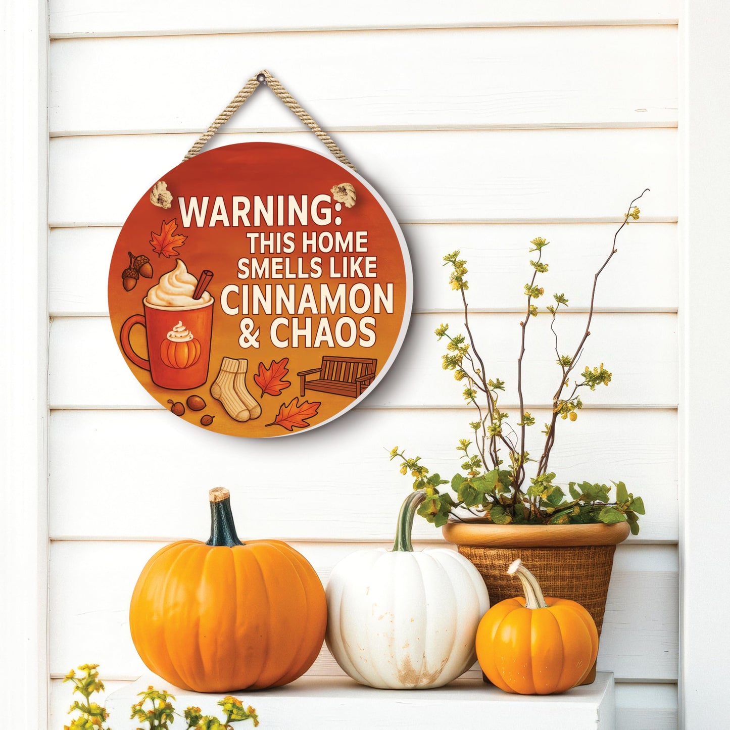 Cinnamon & Chaos Fall Front Door Welcome Sign – Autumn Porch Decor, Outdoor Weather-Resistant PVC Decoration, 16 Inch