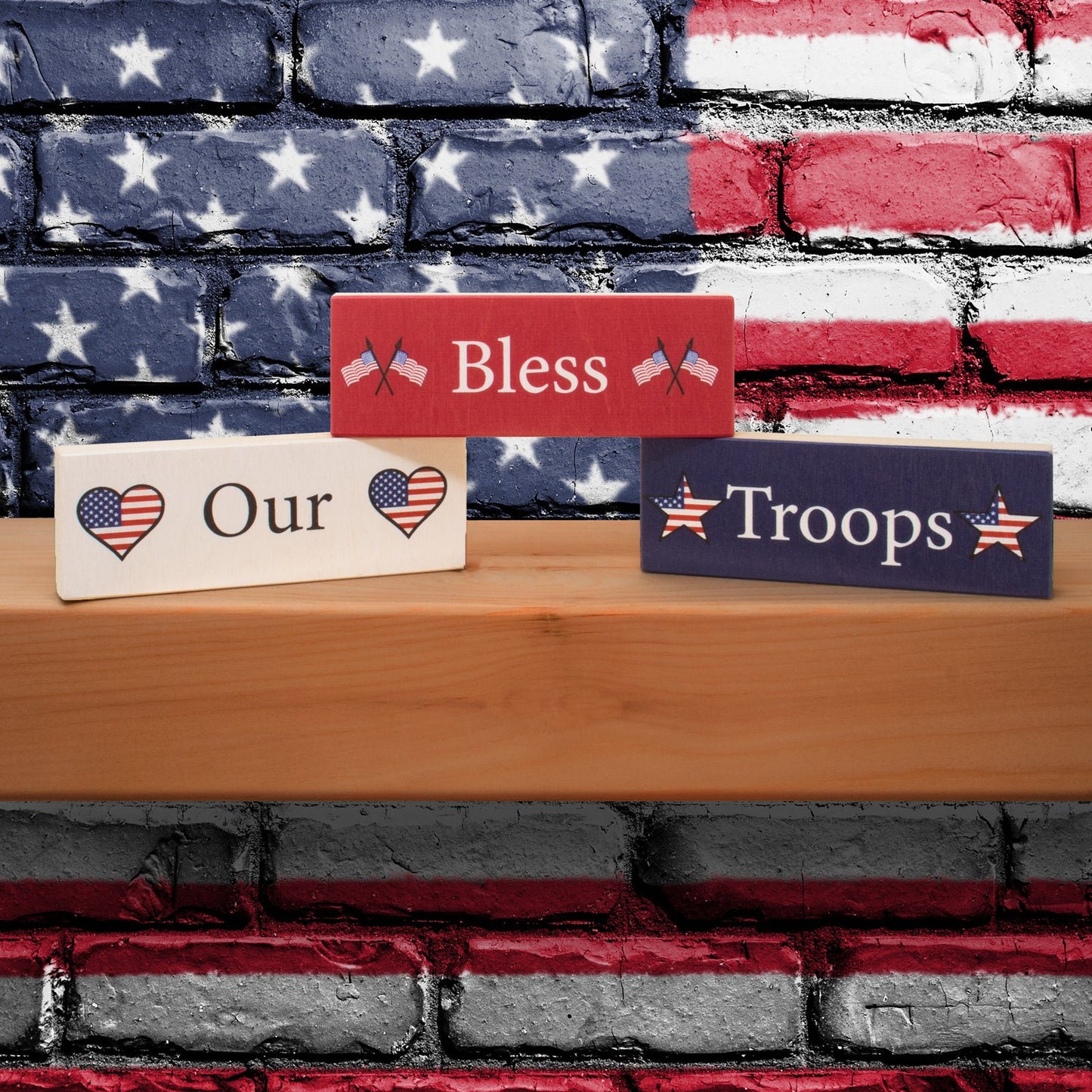 JennyGems Bless Our Troops 3pc Wooden Block Signs, Patriotic Decor