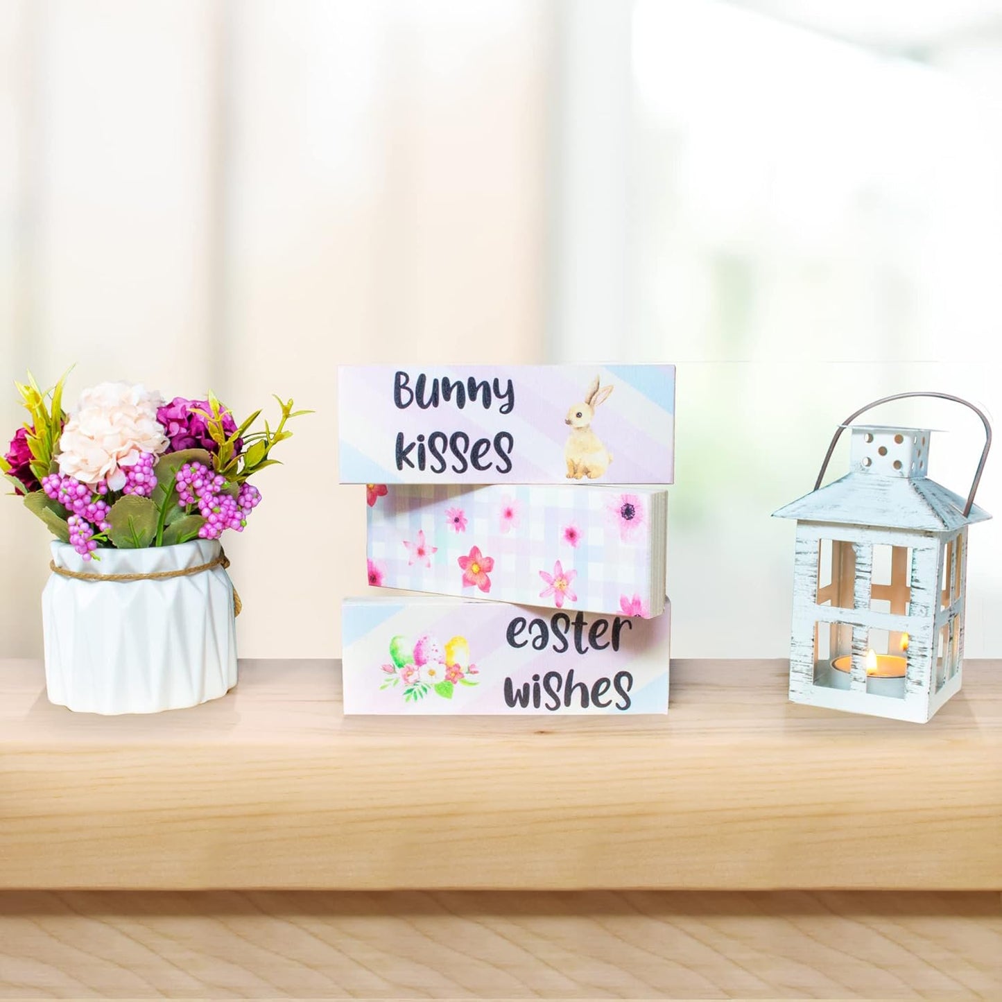 Easter Tiered Tray Decor, Bunny Kisses Easter Wishes 3 Piece Mini Wooden Block Set, Farmhouse Decorations
