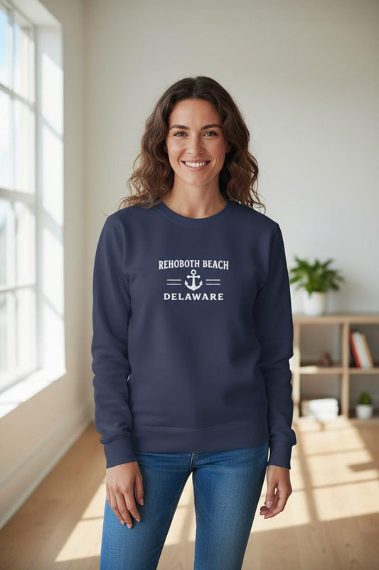 Rehoboth Beach Sweatshirt: Adidas Fleece Crewneck, Nautical Coastal Style