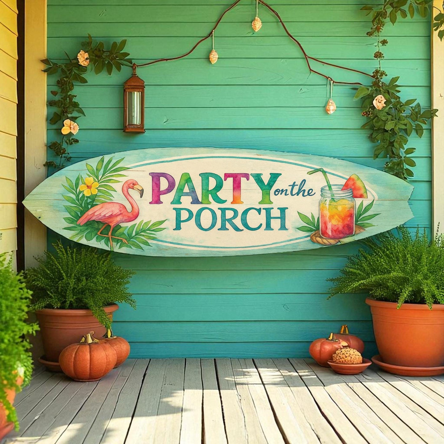 Flamingo Surfboard Sign: Tropical Summer Porch Decor