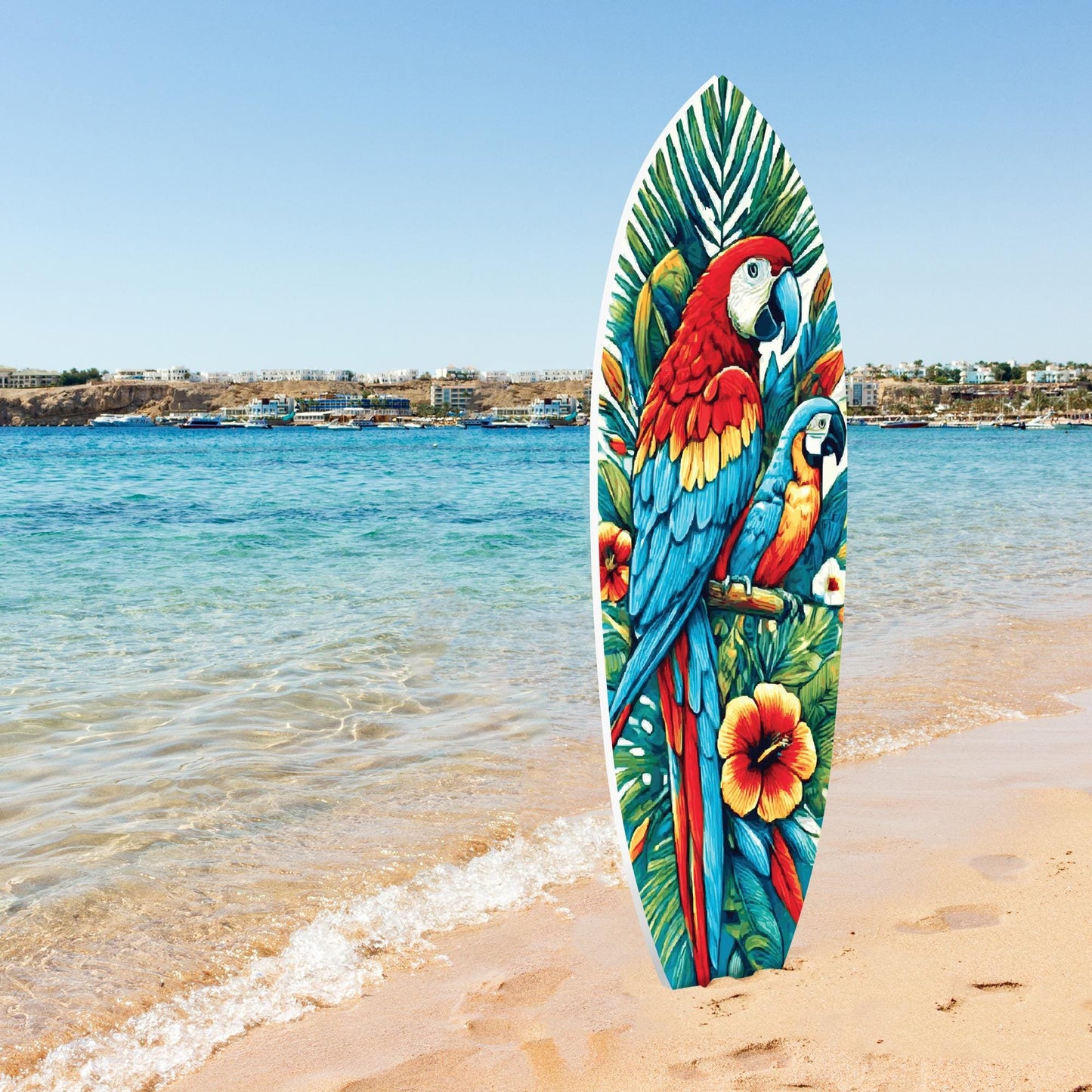 Tropical Parrot Surfboard Wall Art: Weatherproof PVC Coastal Decor